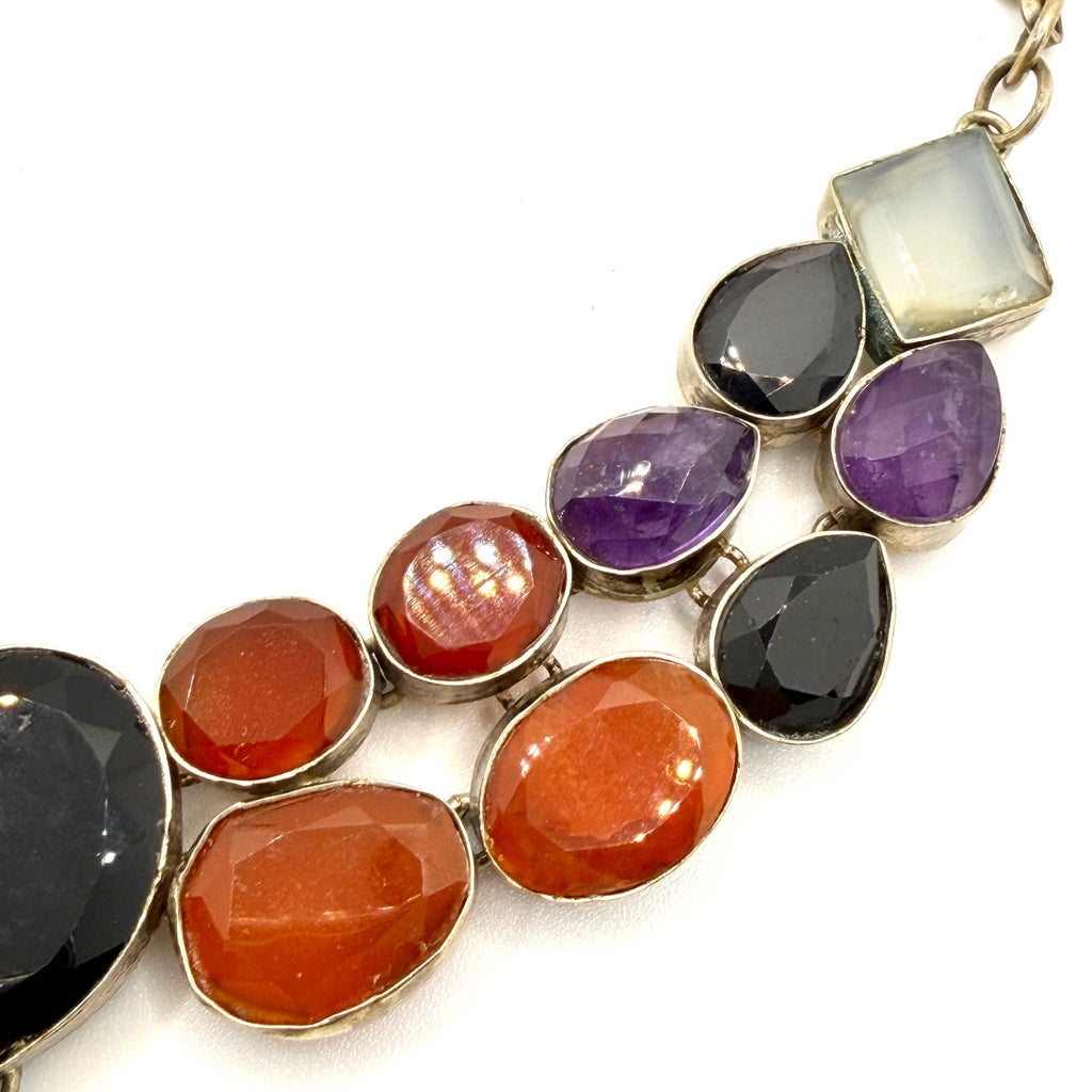 Vintage 90s Stamped Taxco Sterling Silver Multistone Statement Bib Necklace