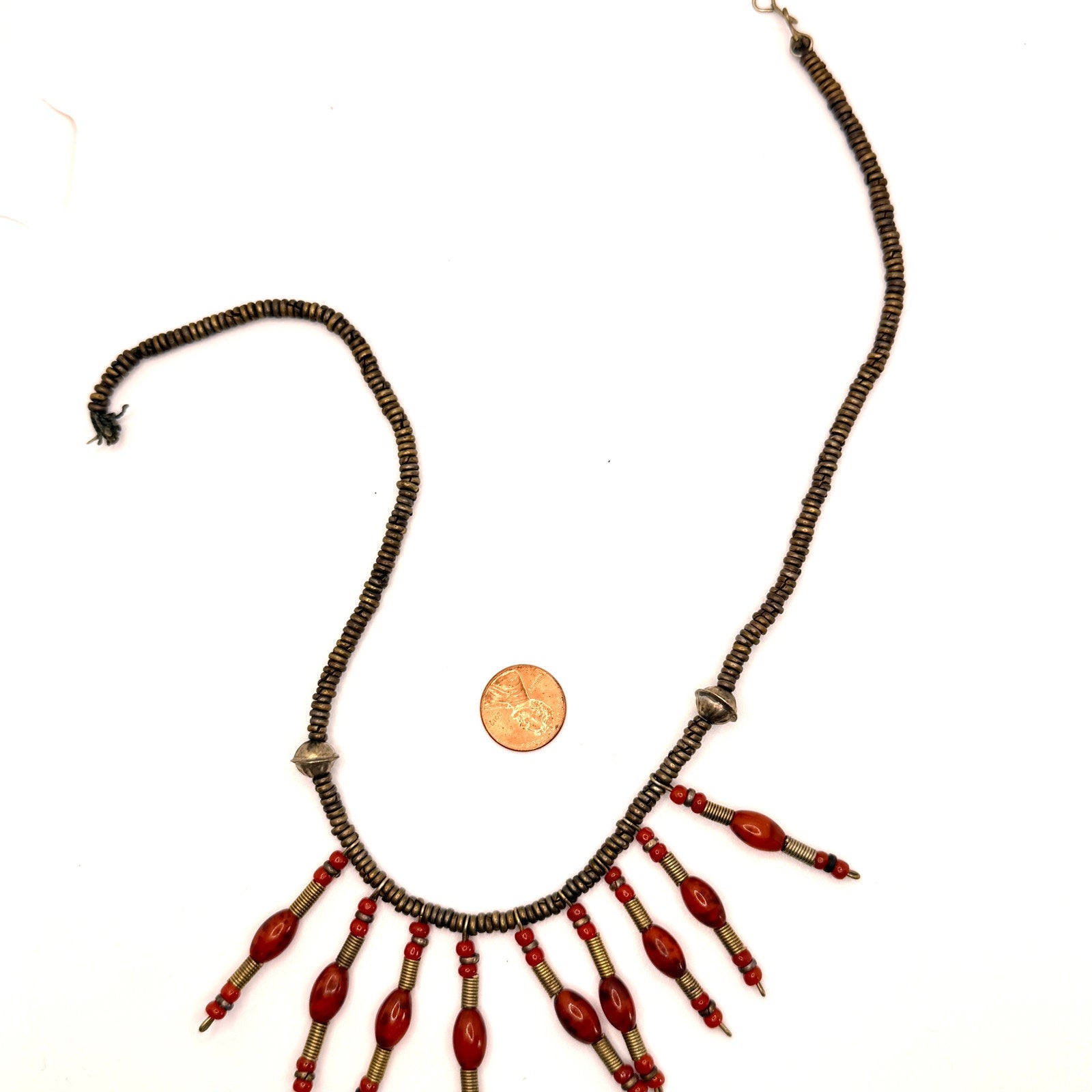 Vintage Afrobohemian Brass Orange Glass Fringed Tribal Drop Necklace