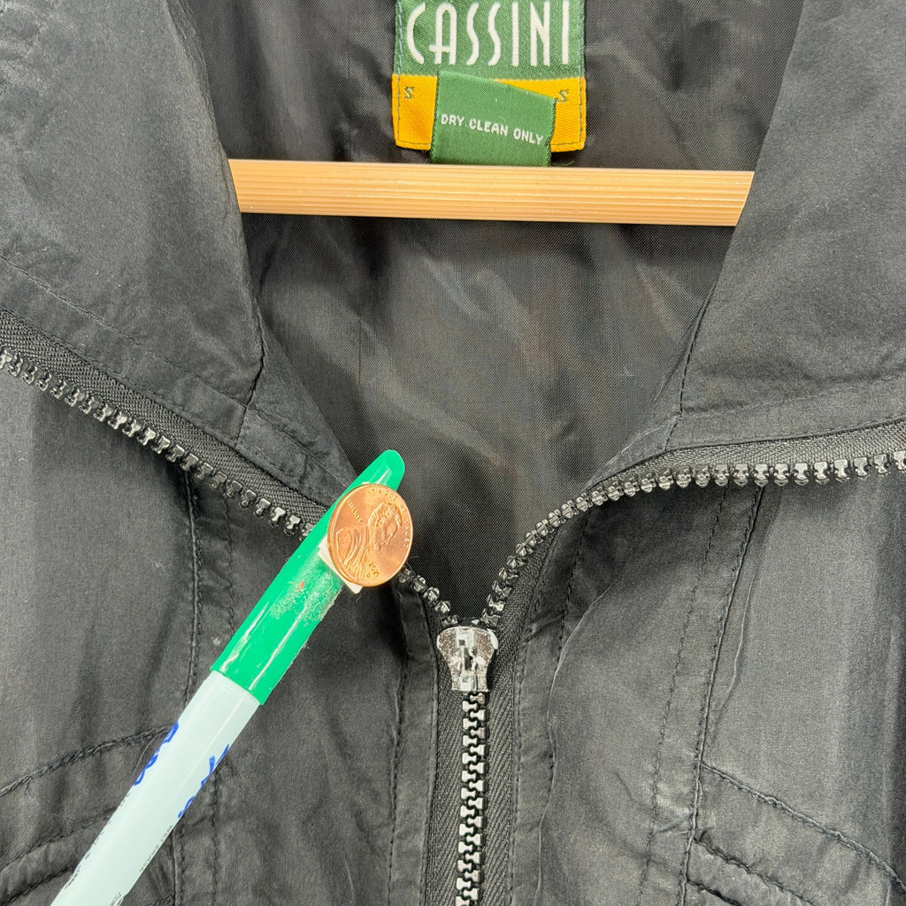 Vintage 90s Oleg Cassini Black 100% Silk Full Zip Track Bomber Jacket