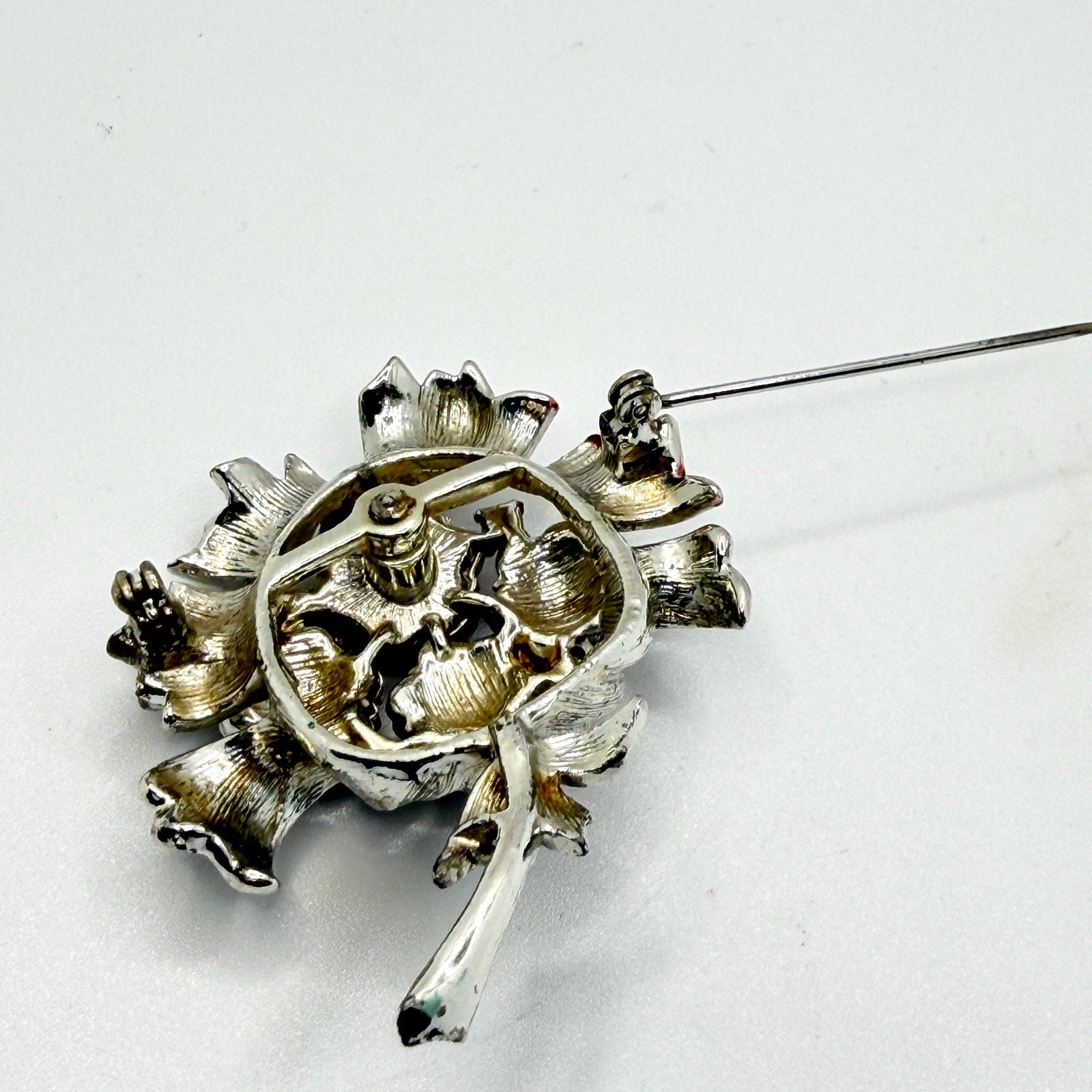 Vintage 60s Sarah Coventry Smoke Silver-tone Midcentury Stamped Floral Brooch