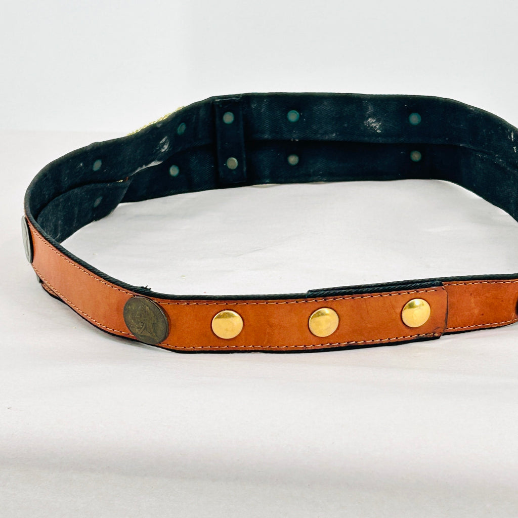 Vintage 80s Queen Victoria Coin Tan Faux Leather & Gold Mesh Belt