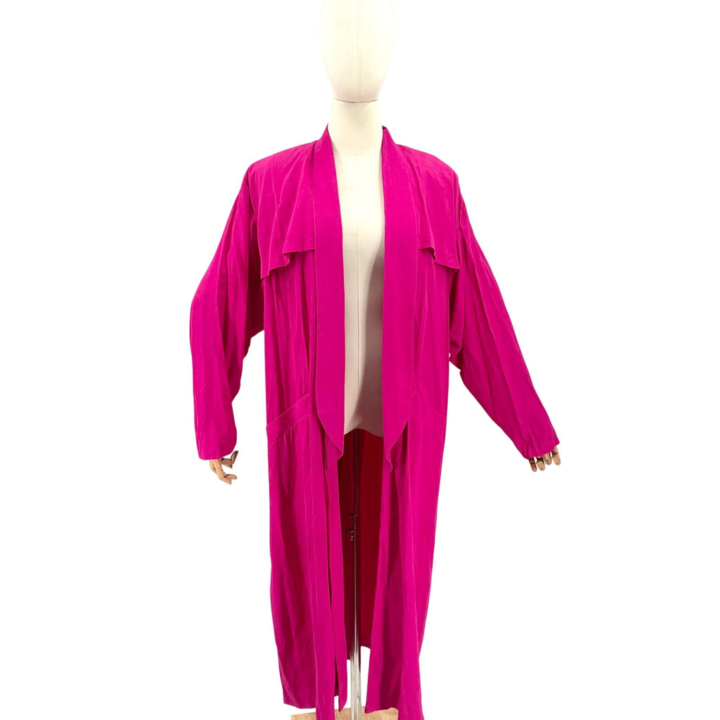 Vintage 80s Blossom Rosen Hot Pink Open Front Storm Flap Trench Duster Jacket