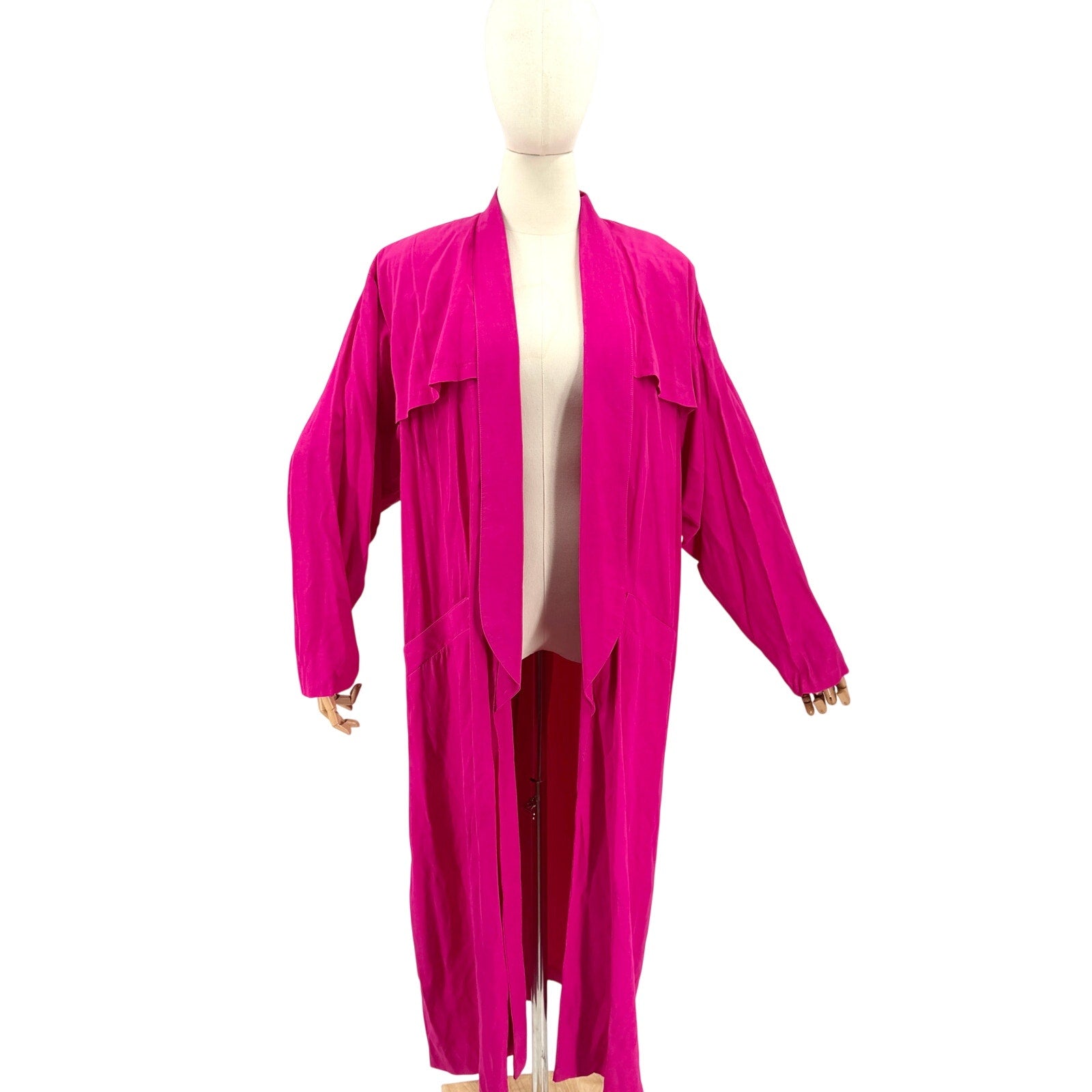 Vintage 80s Blossom Rosen Hot Pink Open Front Storm Flap Trench Duster Jacket