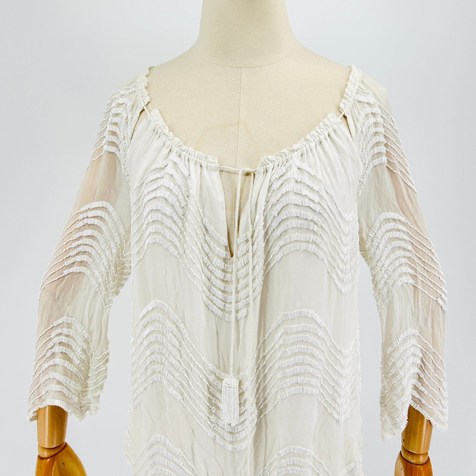 Bo.Bô White 100% Silk Sheer Fully Beaded Satin Lined Boho Tassel Tunic