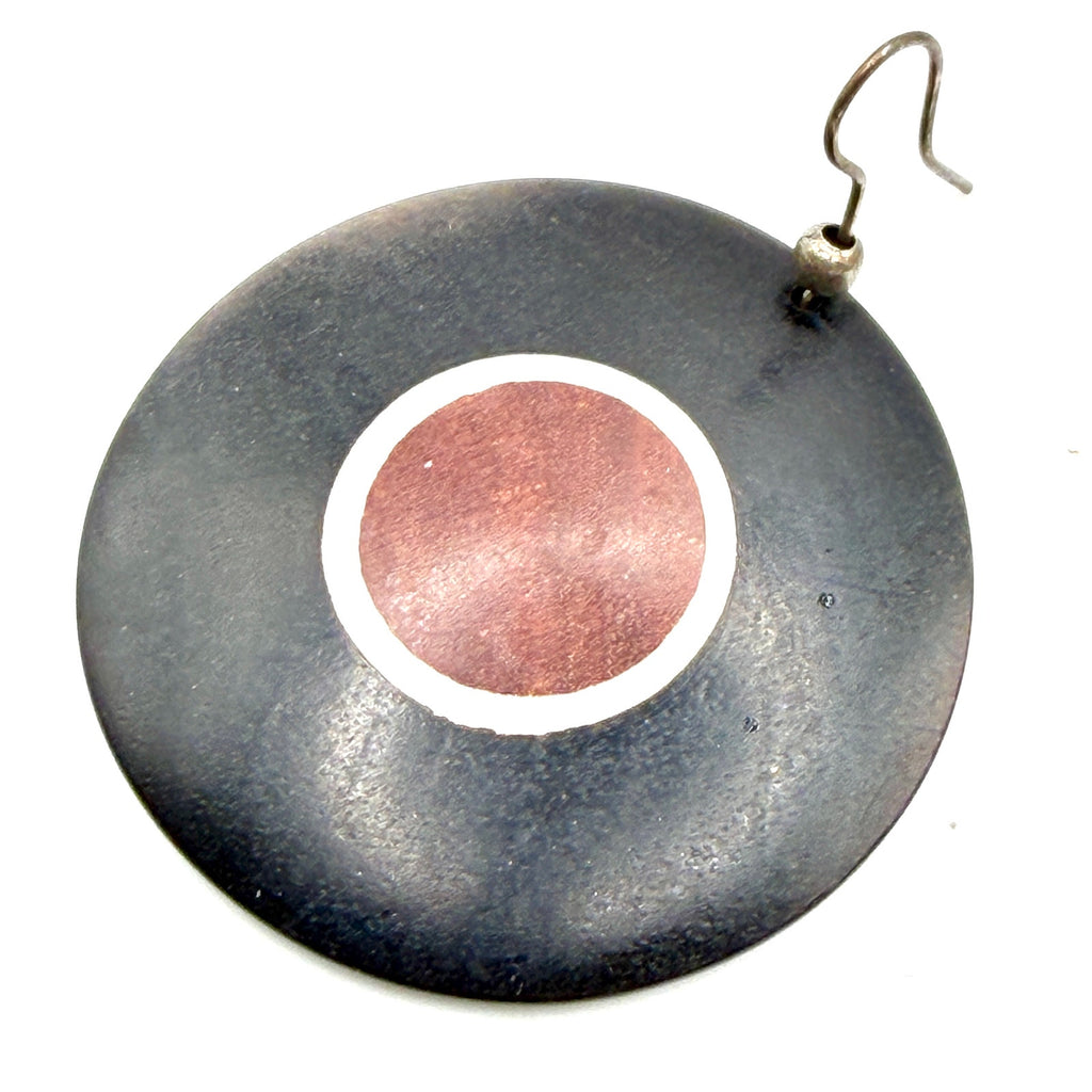 Vintage 80s Afrocentric Tribal Black Brown Wood Disc Drop Hook Earrings
