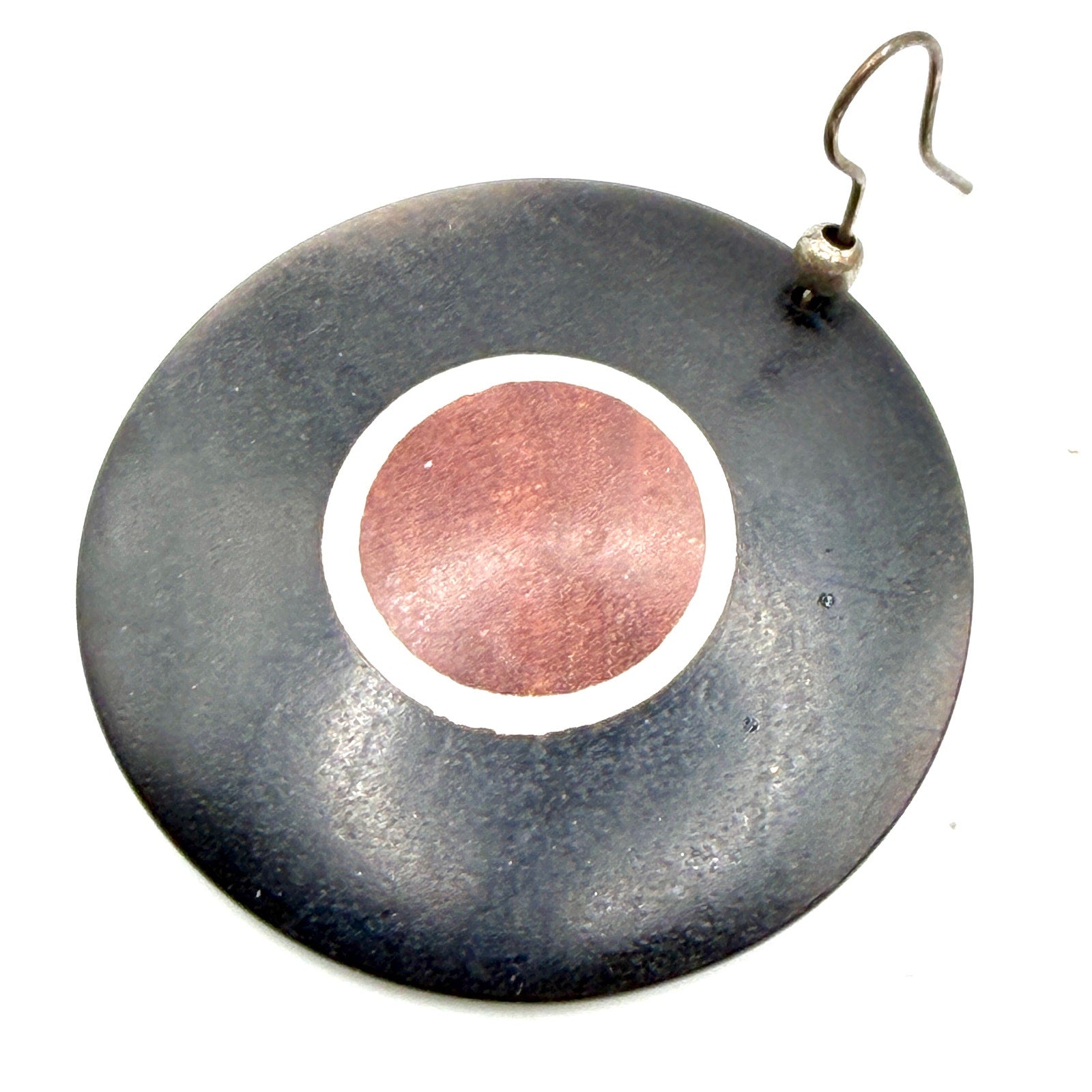 Vintage 80s Afrocentric Tribal Black Brown Wood Disc Drop Hook Earrings