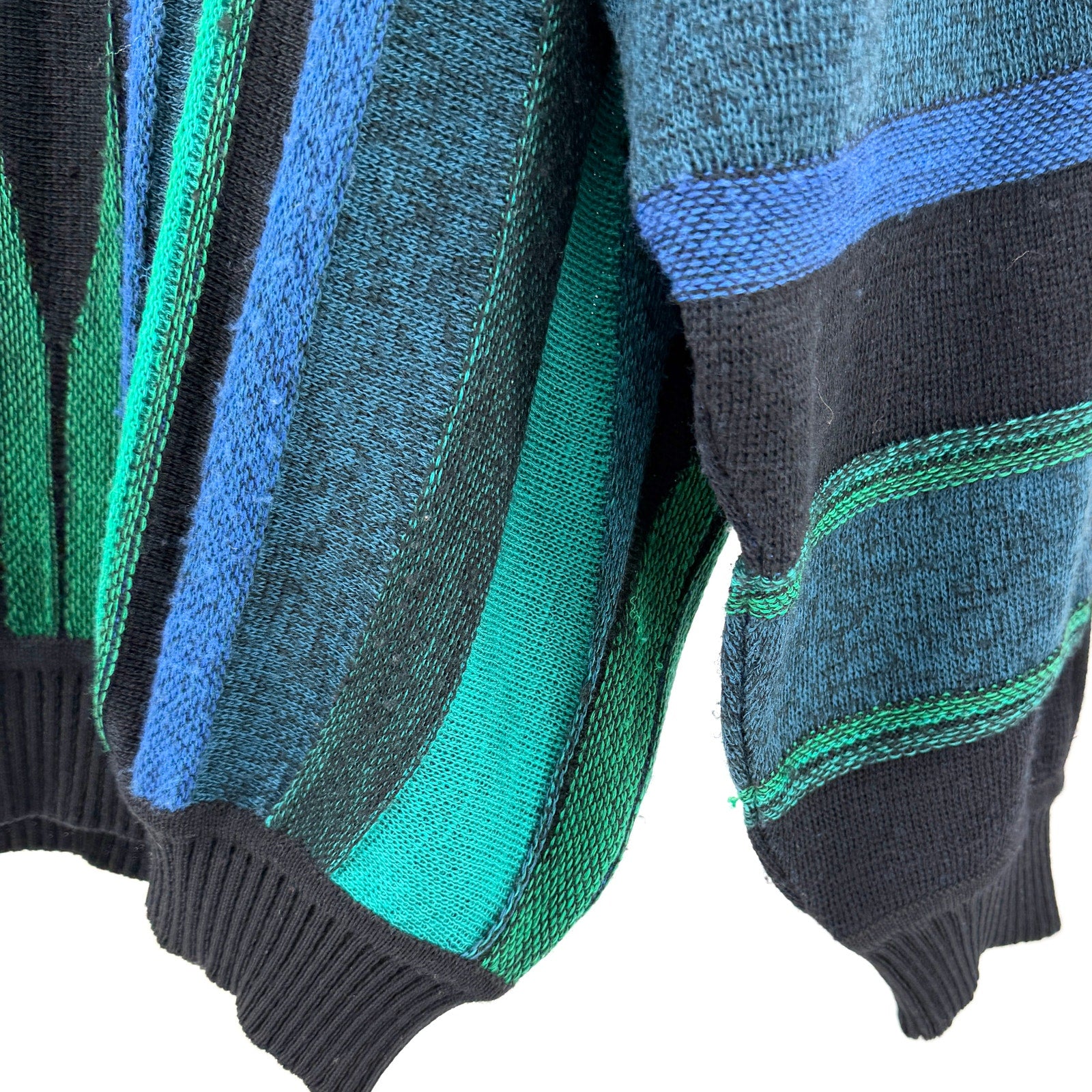 Vintage 90s St. Croix Knits Blue Green Textured Stripe V-Neck Sweater