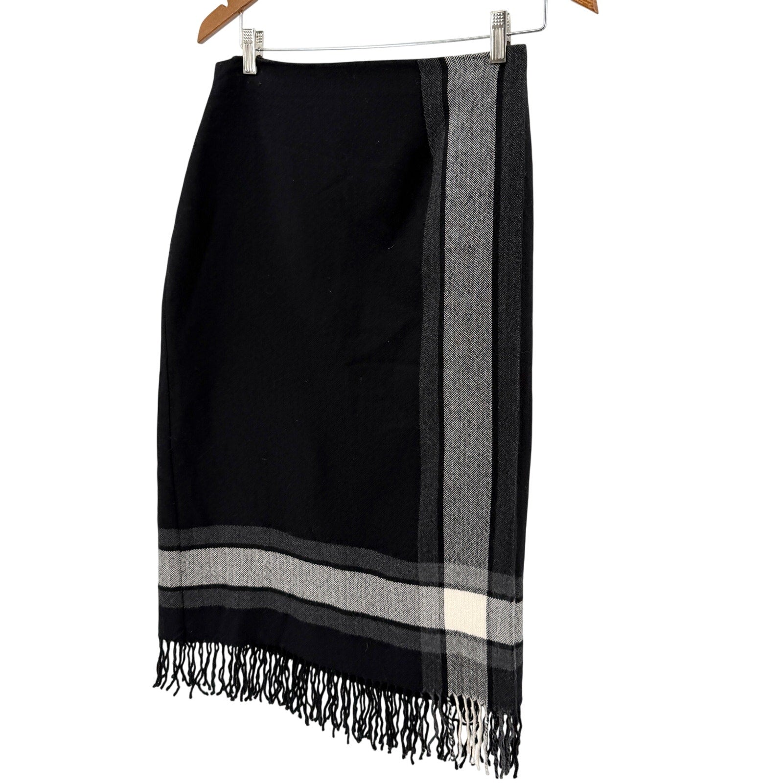 Vintage 90s David N Black Gray 100% Wool Fringe Wrap Midi Skirt