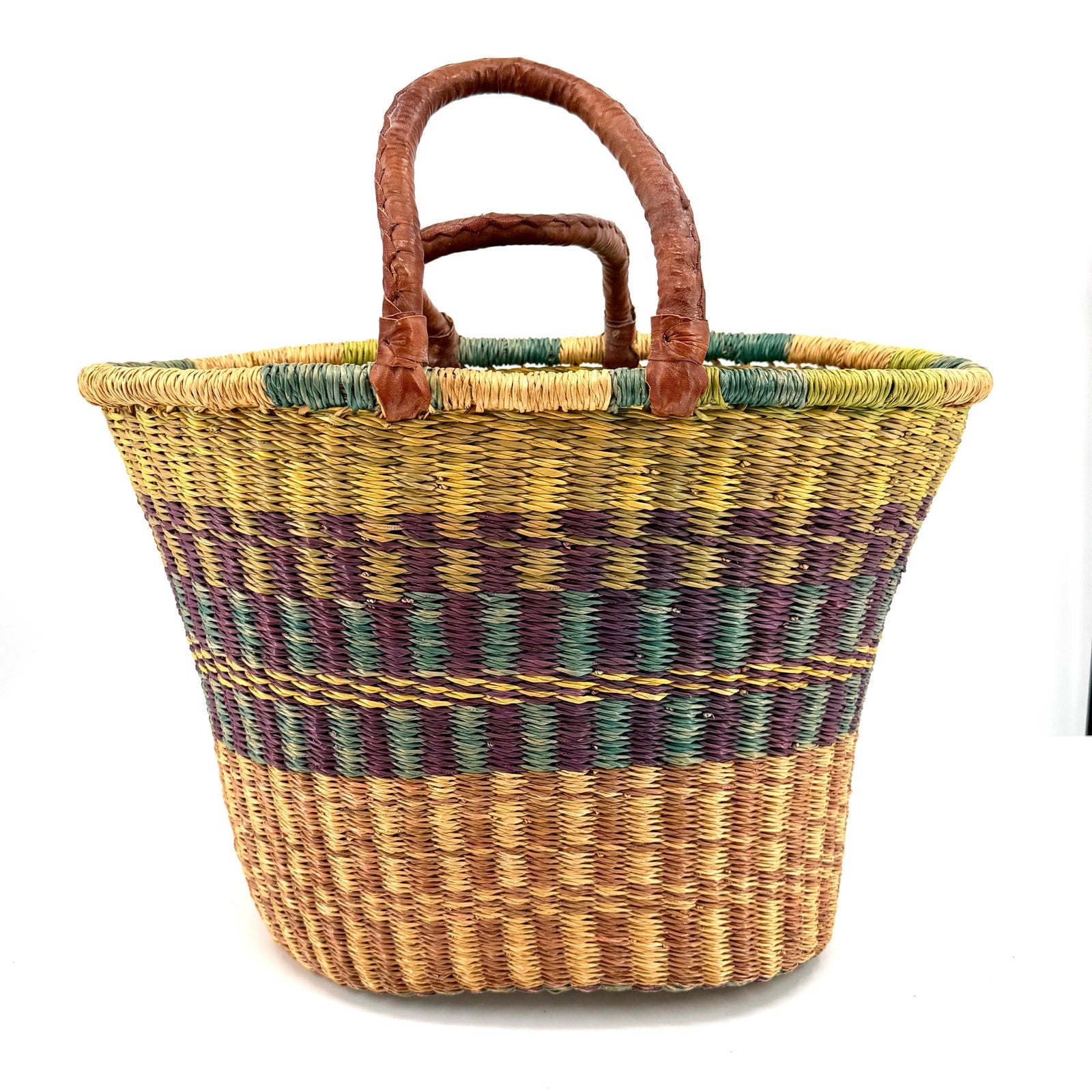 Vintage 80s Handcrafted Large Multi-Color Woven Straw Basket Leather Handle Tote