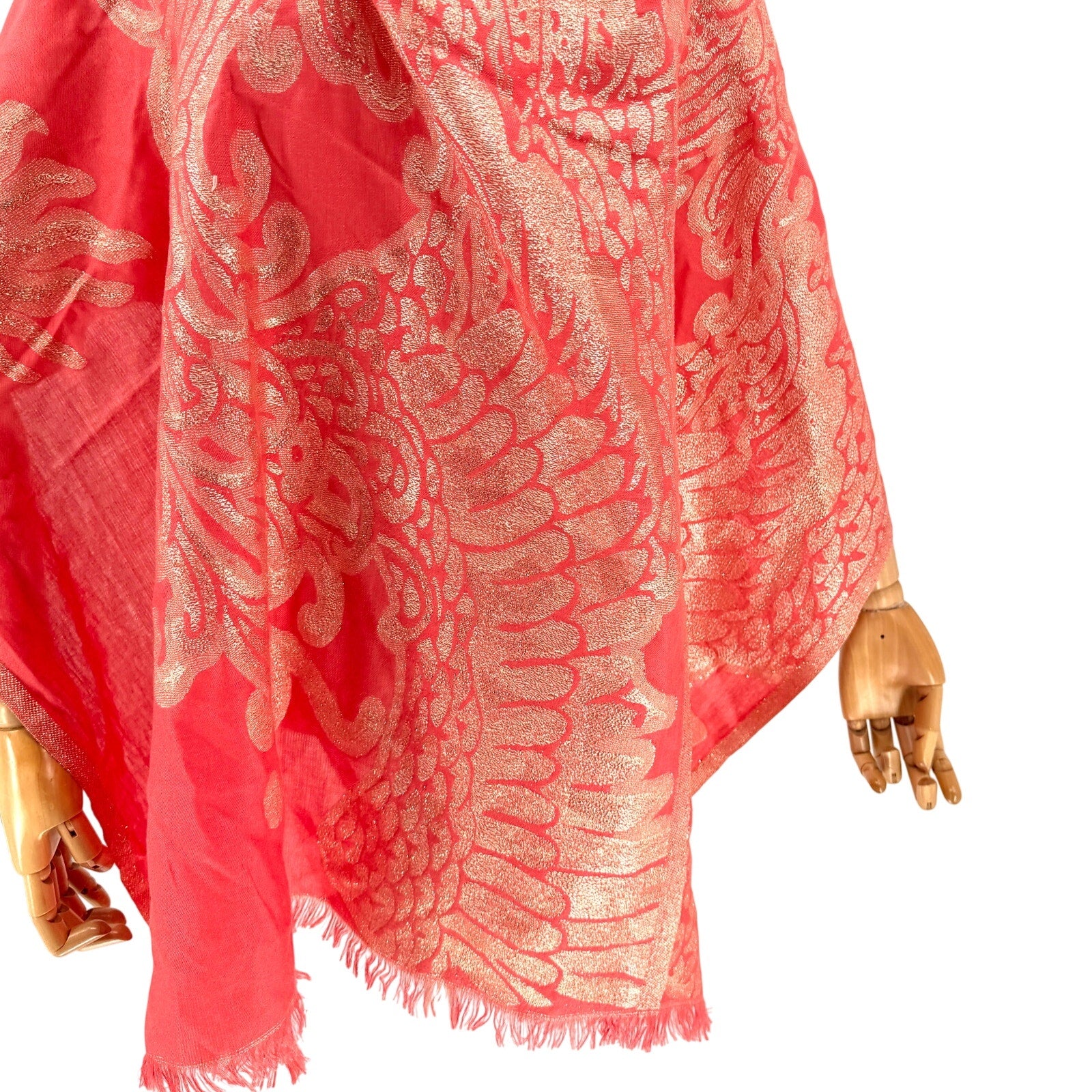 Vintage Y2K Coral Peach Cashmere Gold Metallic Thread Pashmina Shawl