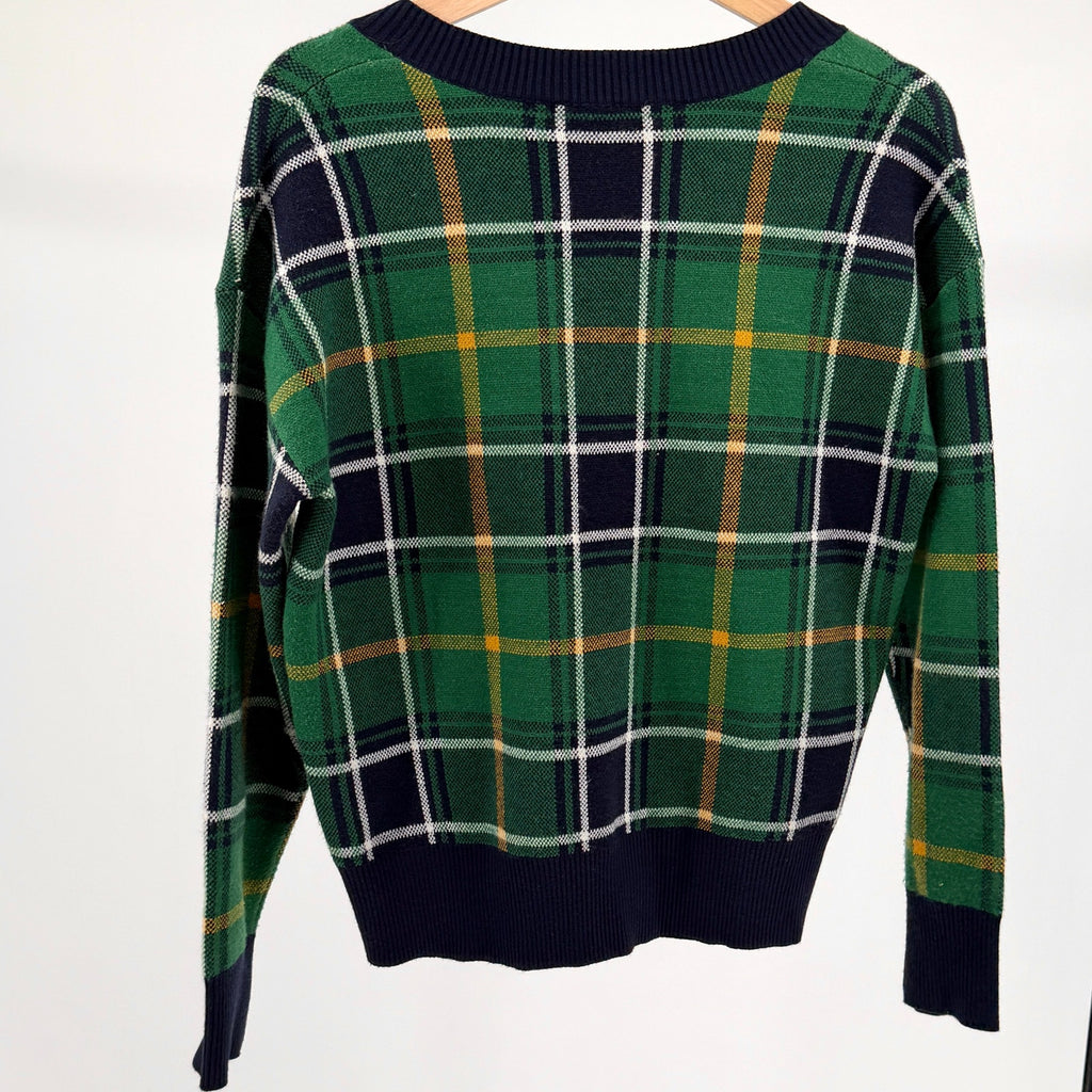 Tahari Green Plaid V-Neck Preppy Graphic Knit Sweater