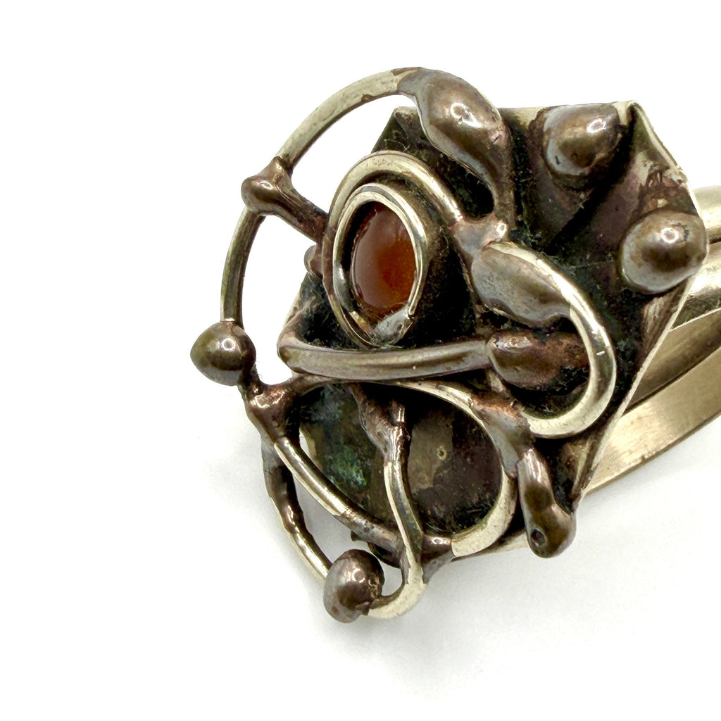 Vintage 90s Handcrafted Carnelian Sterling Silver Brutalist Abstract Ring