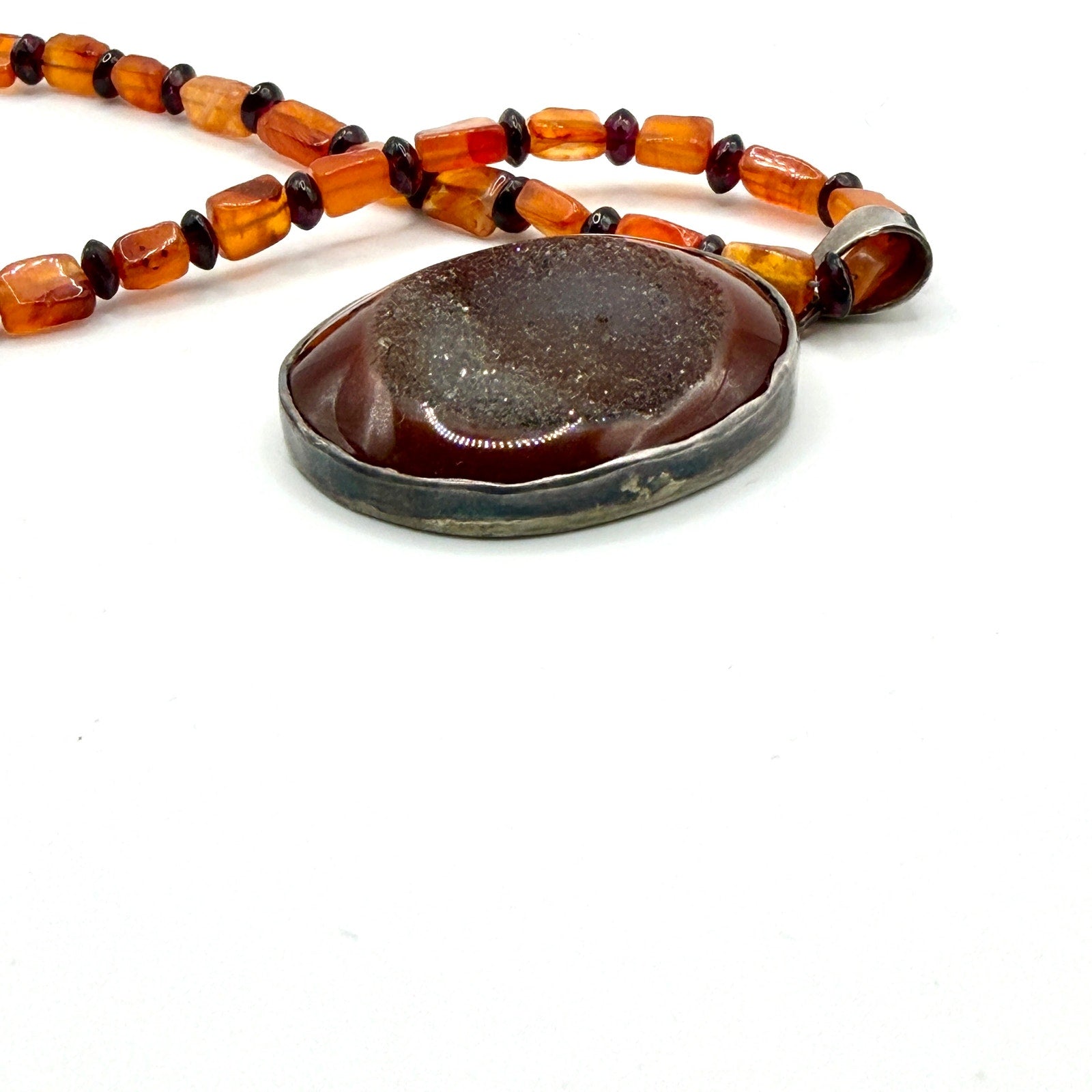 Vintage 90s Sterling Silver Carnelian Druzy Geode Pendant Necklace