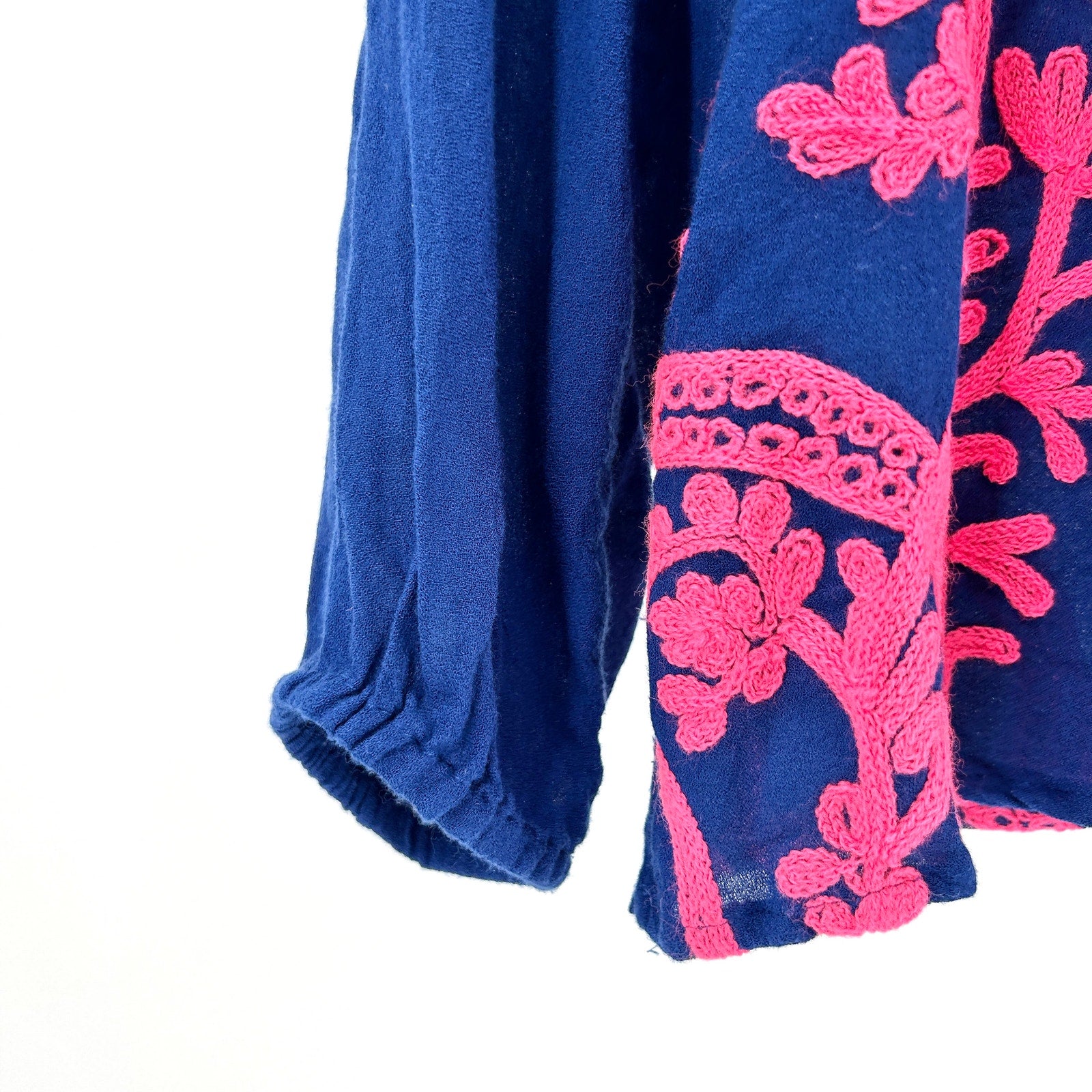 Lilly Pulitzer Navy Blue Pink Embroidered Tassel Peasant Blouse
