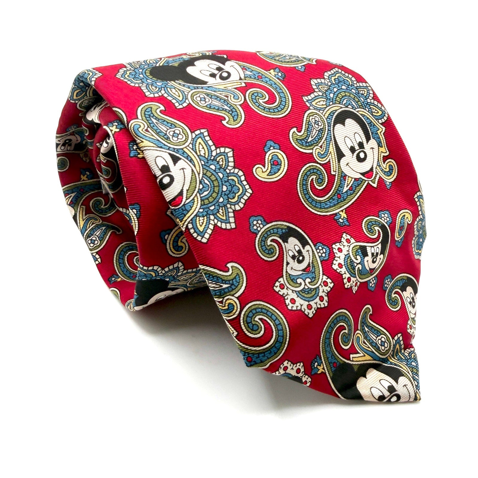 Vintage 90s Disney Red 100% Silk Paisley Mickey Mouse Made in France Necktie