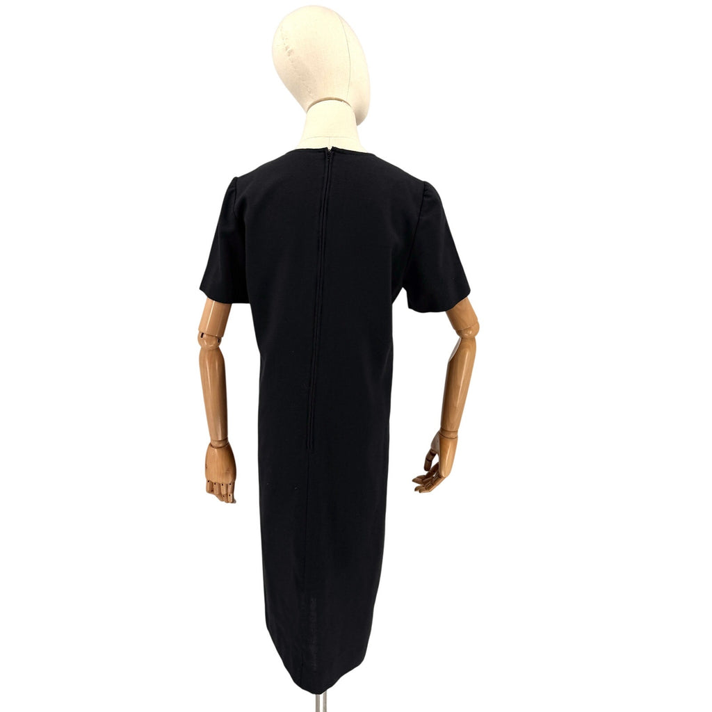 Vintage 60s Leslie Fay Black Mod Linen Blend Short Sleeve Shift Dress