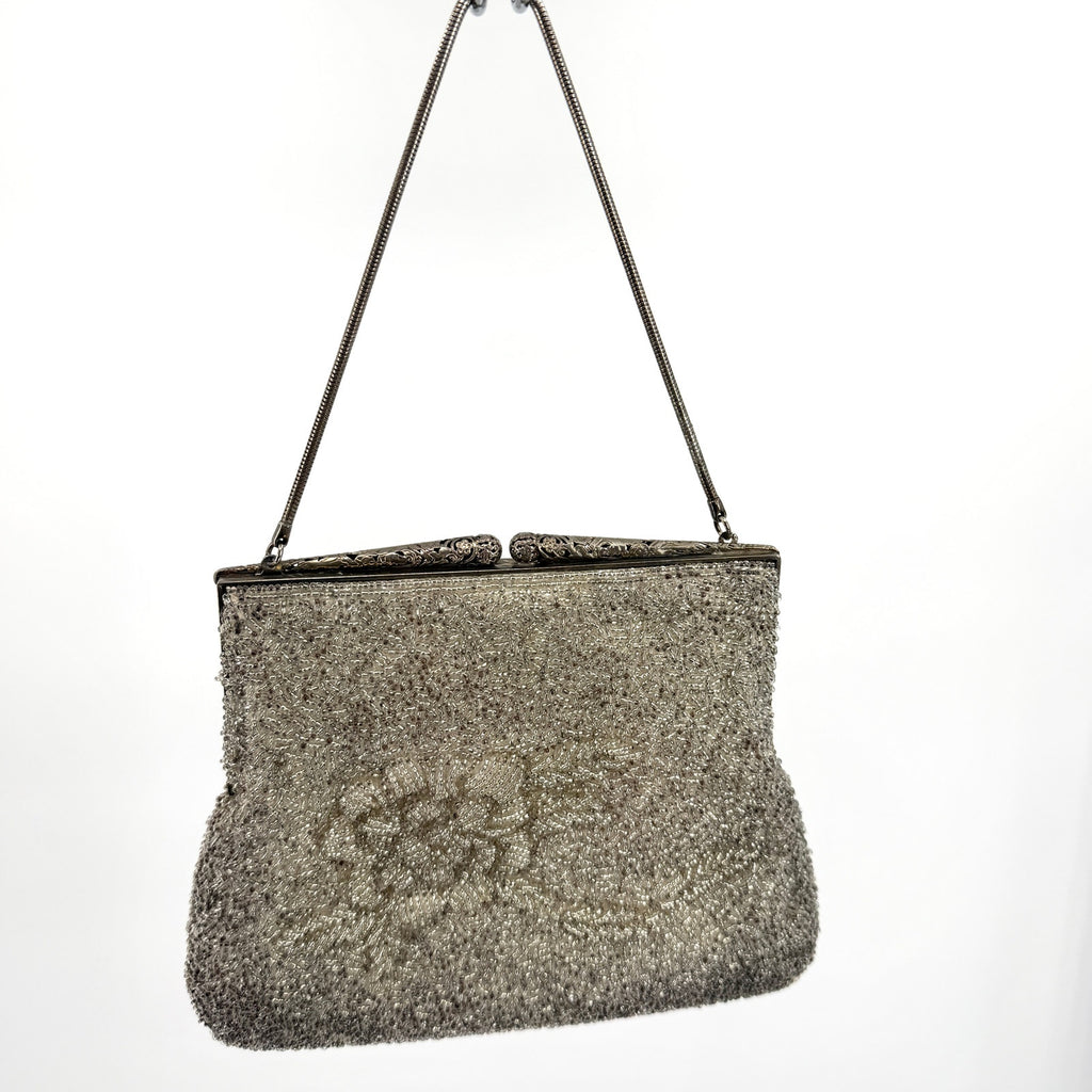 MINT Vintage 60s Silver Heavily Beaded Filigree Clasp Evening Handbag