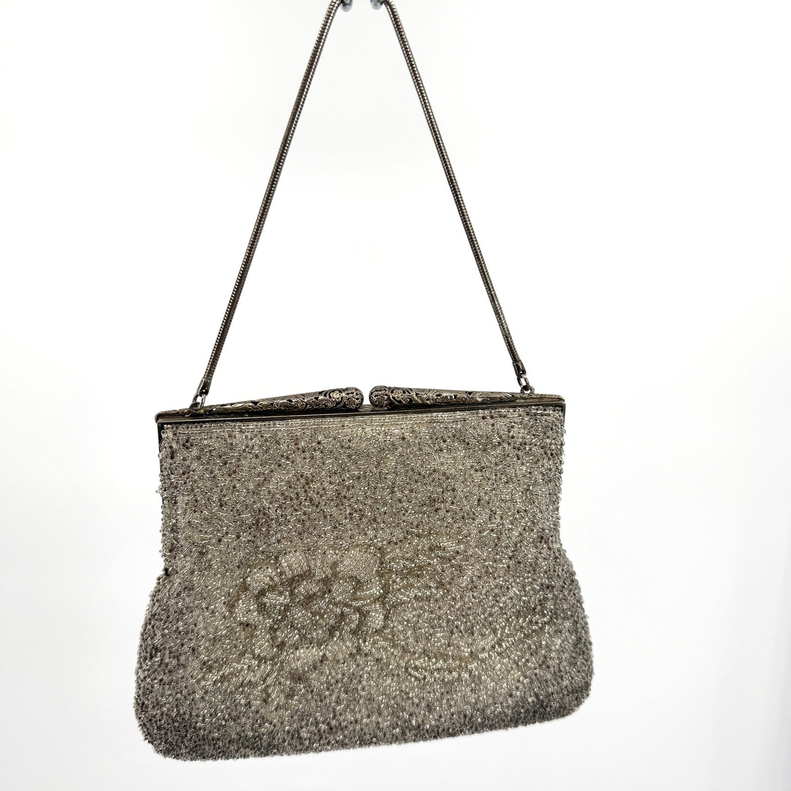 MINT Vintage 60s Silver Heavily Beaded Filigree Clasp Evening Handbag