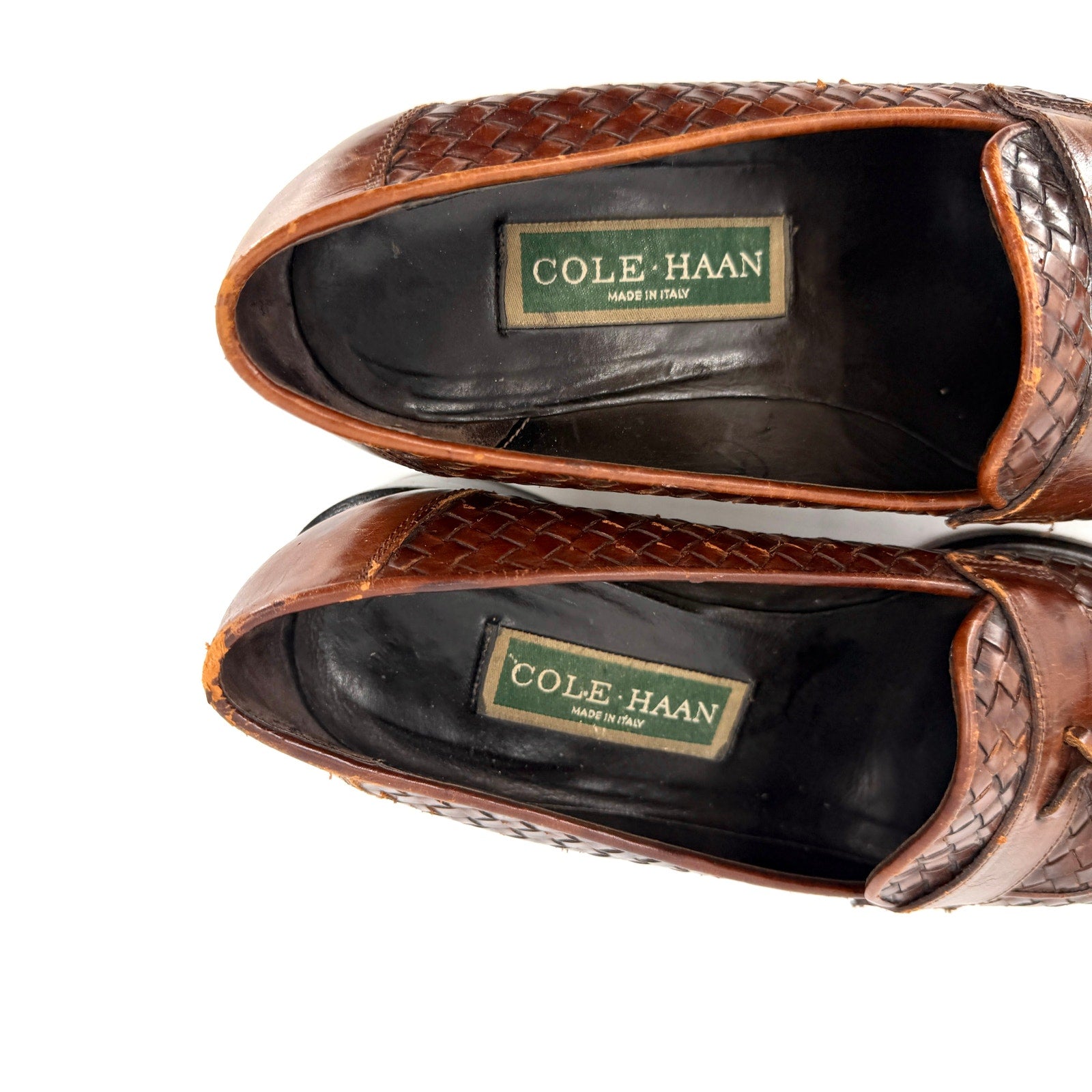 Vintage 90s Cole Haan Brown Woven Genuine Leather Tassel Heeled Loafers
