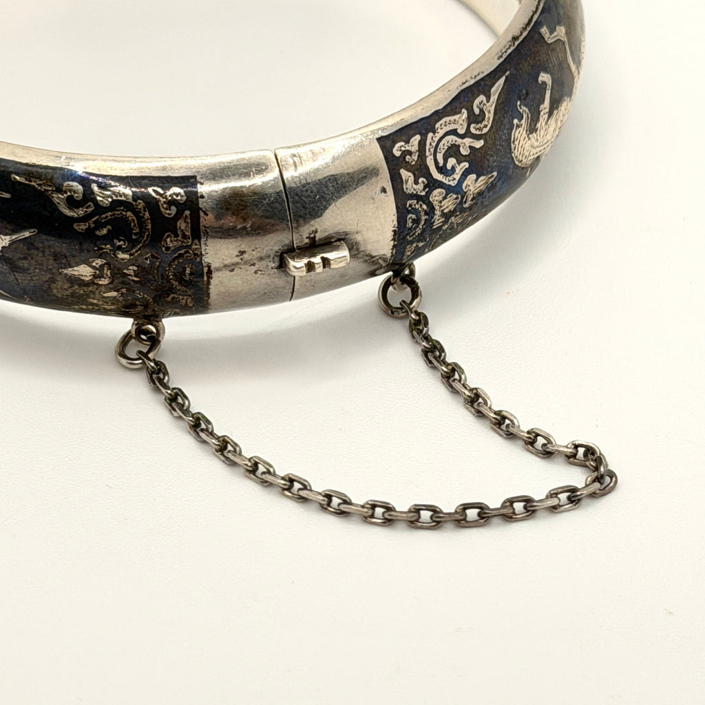 Vintage 50s Stamped Siam Sterling Silver Blue Niello Hinged Bangle
