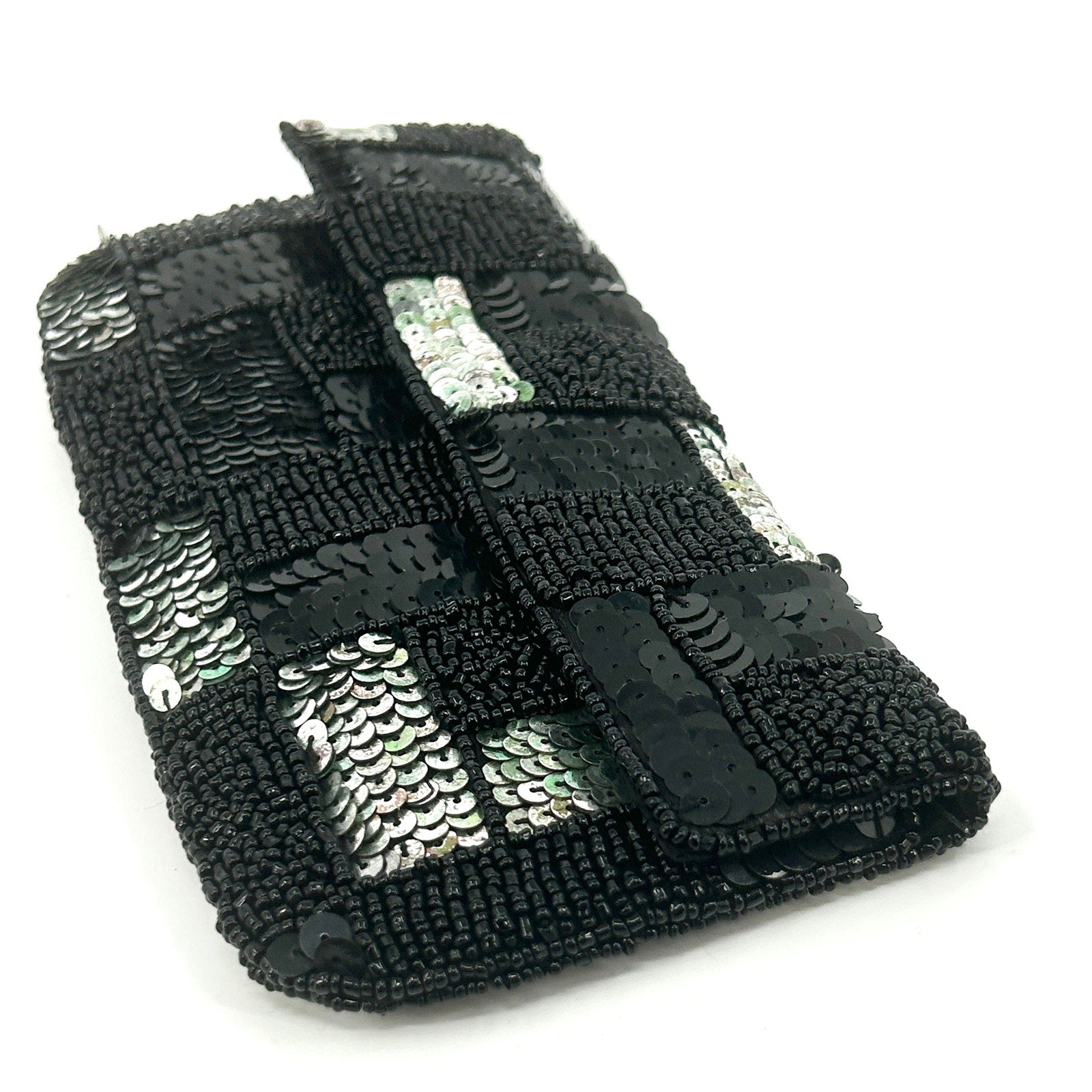 K.C. Malhan Black Silver Iridescent Sequin Beaded Checkered Evening Clutch
