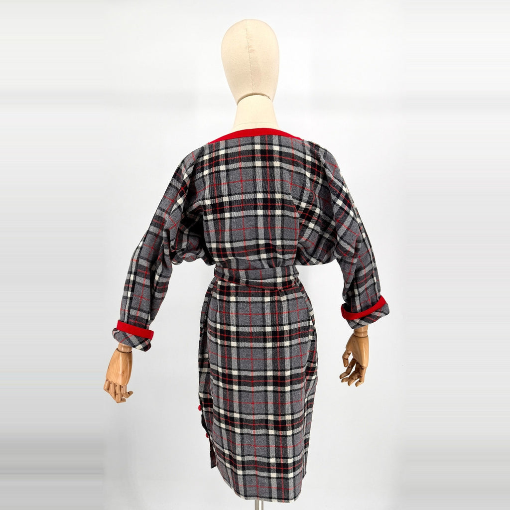 Vintage 60s Gray Red Plaid Dolman Sleeve Belted Midi Dress