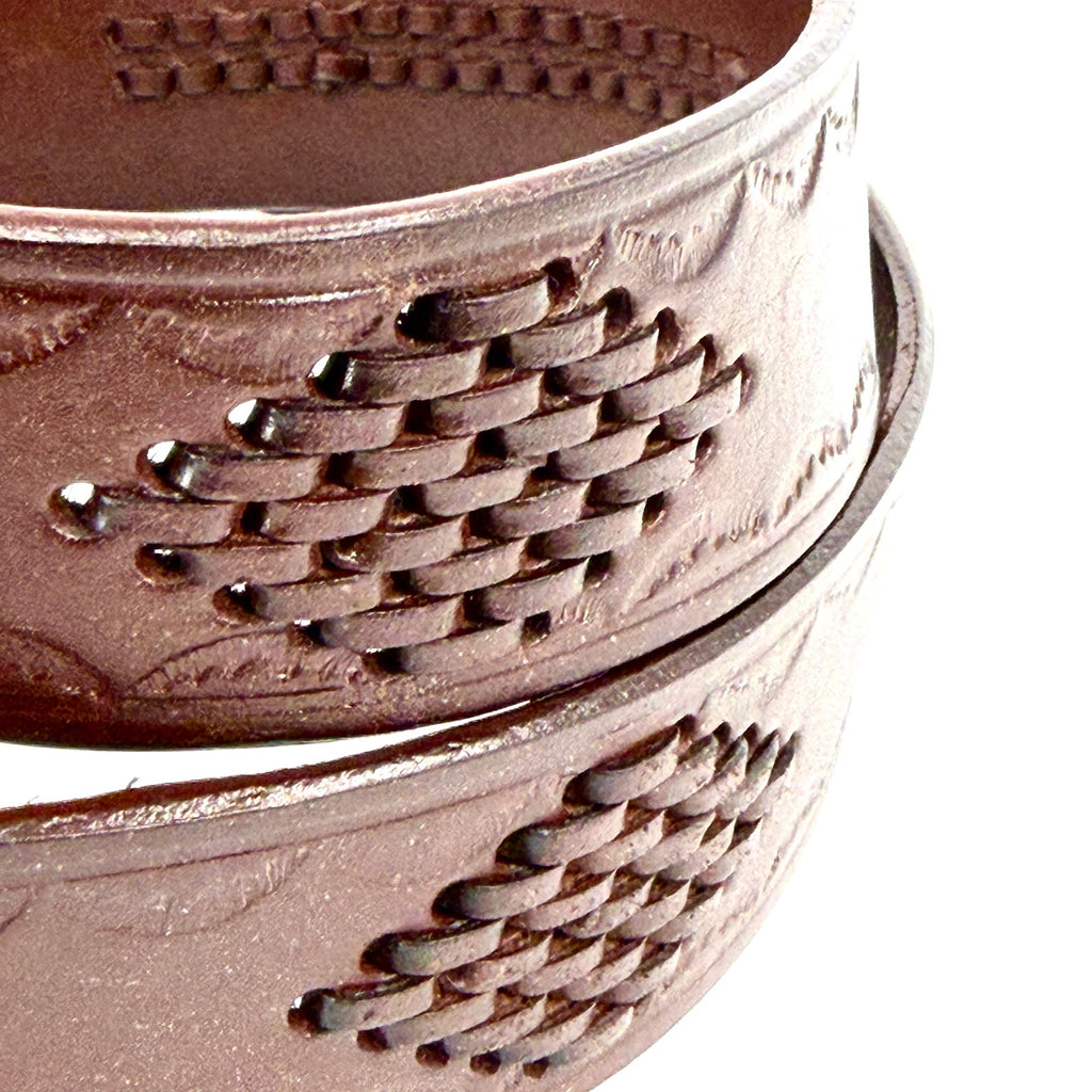Vintage 80s Brown Genuine Leather Tooled Basketweave Western Belt