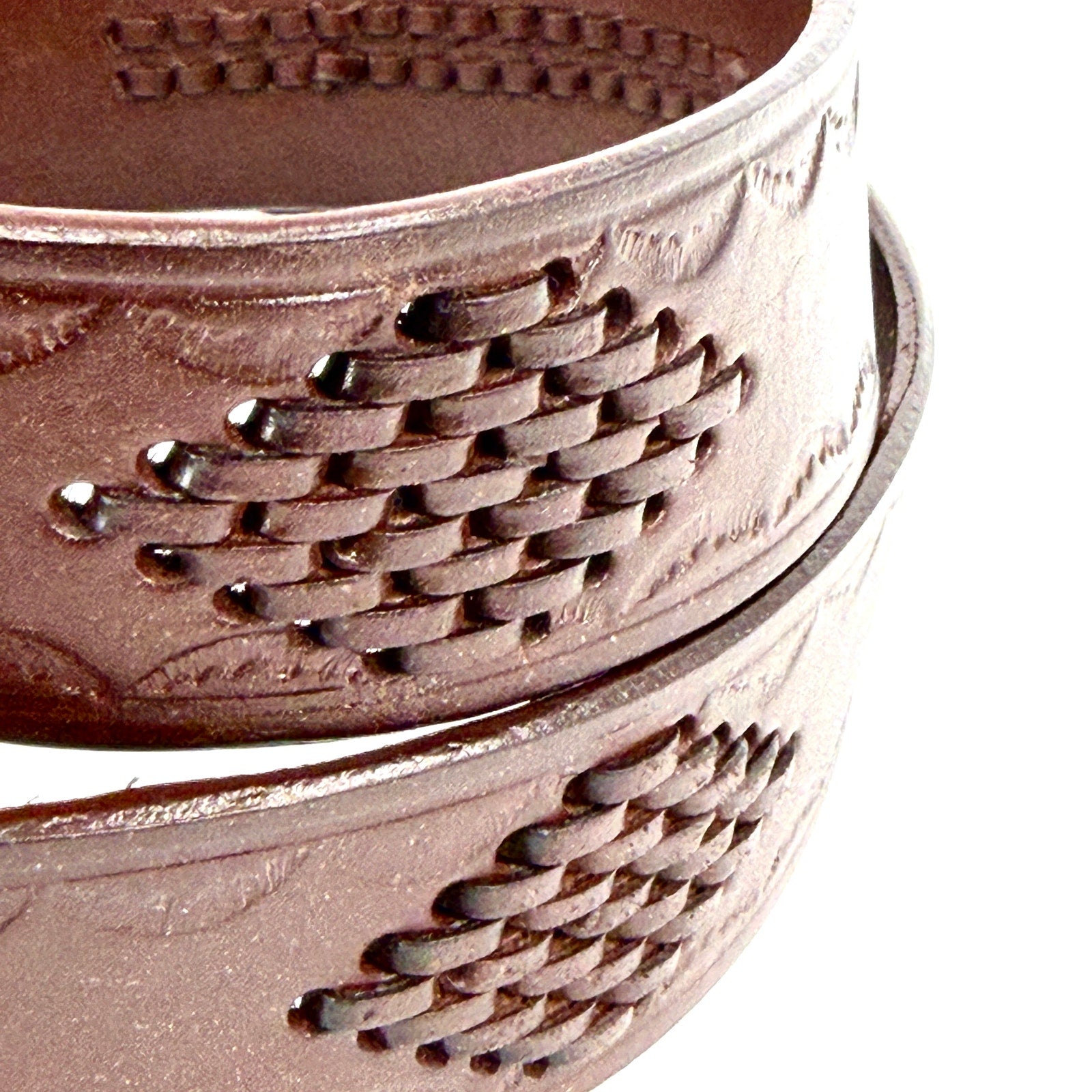 Vintage 80s Brown Genuine Leather Tooled Basketweave Western Belt