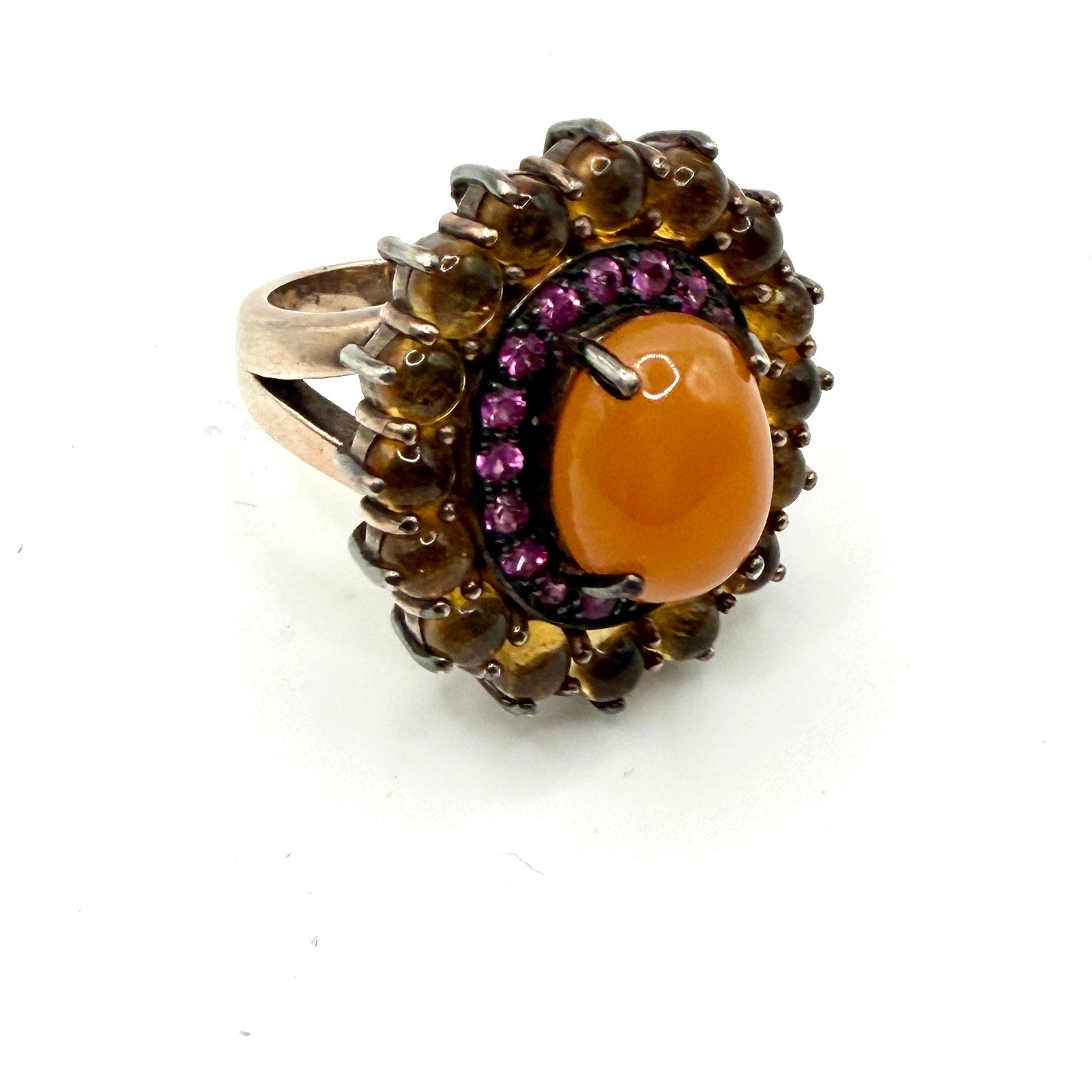 Vintage y2K Orange Jade Sapphire Citrine Sterling Silver Cocktail Ring