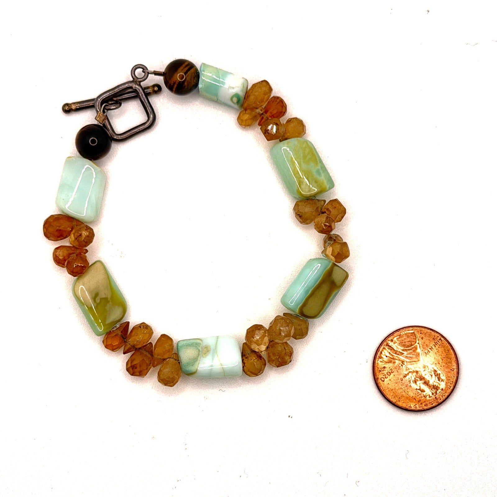 Vintage 90s Blue Green Larimar Citrine Tiger Eye Boho Square Toggle Bracelet