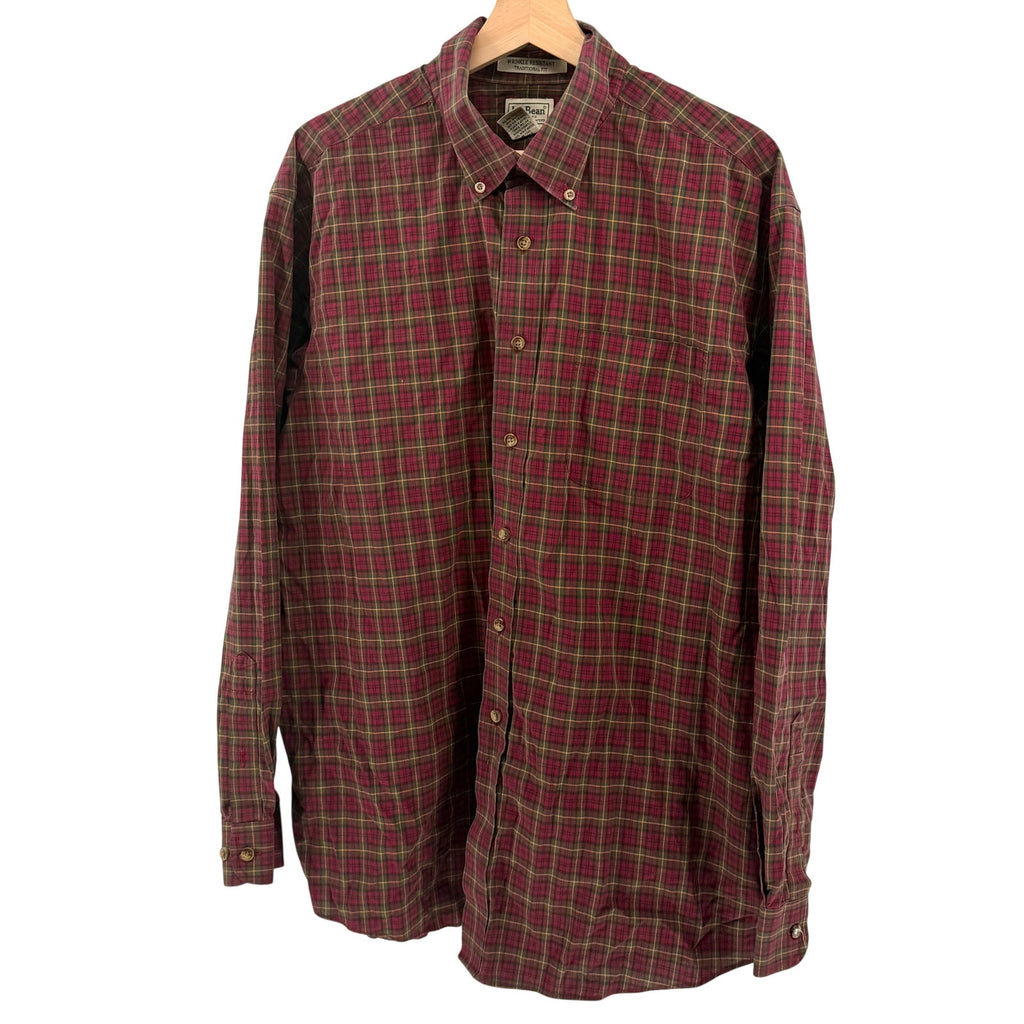Vintage Y2K L.L. Bean Red Olive Green Plaid 100% Cotton Workshirt