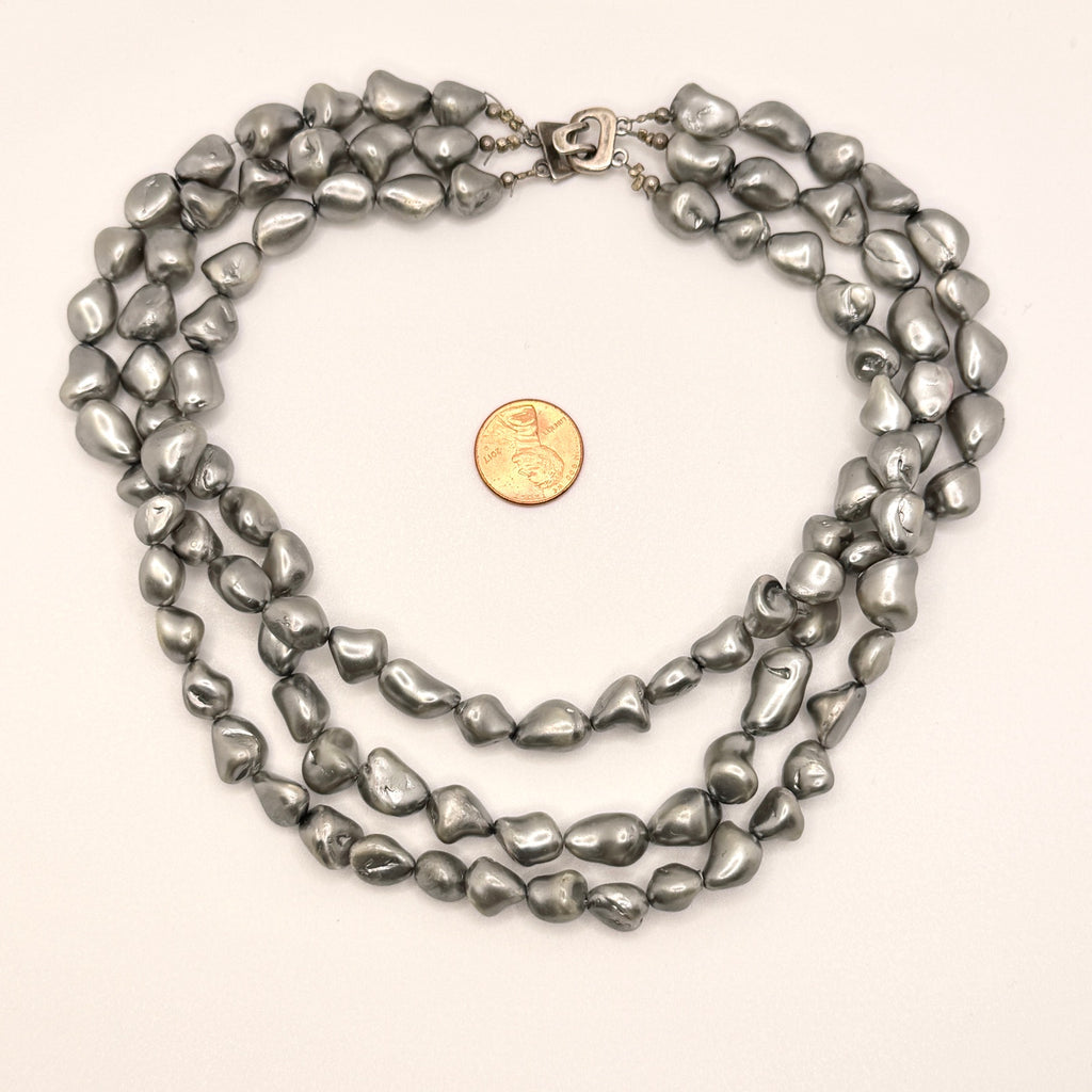 Vintage 90s Signed SJC Stamped 925 Sterling Grey Pearl Triple Strand Necklace
