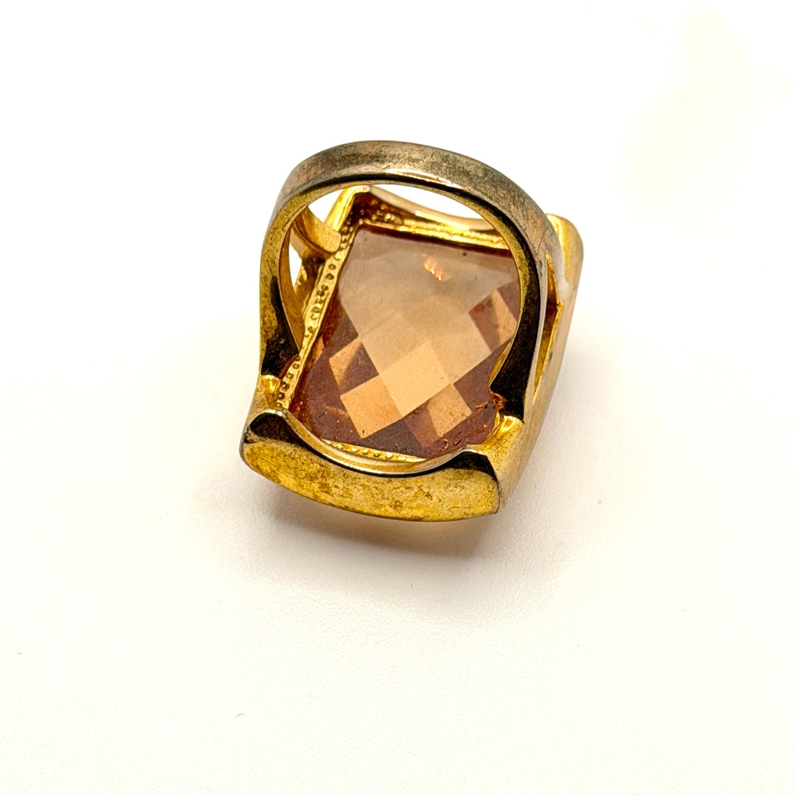 Vintage 1970s Honey Amber Faceted Crystal Architectural Cocktail Ring