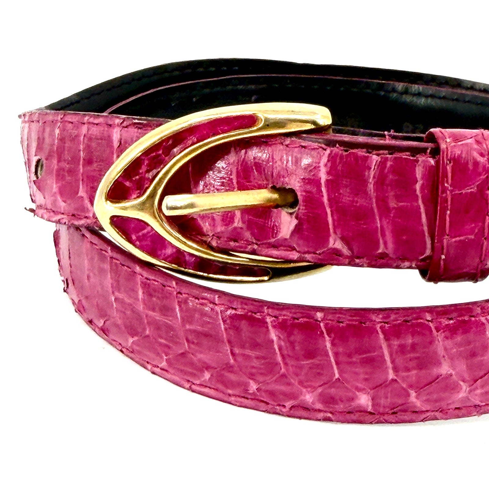 Vintage 90s Pink Genuine Snakeskin Gold Buckle Skinny Belt