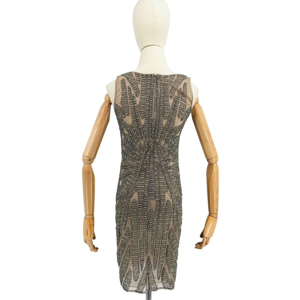 Vintage Y2K Farah Khan Beige Silver Beaded Sequin Bodycon Cocktail Dress