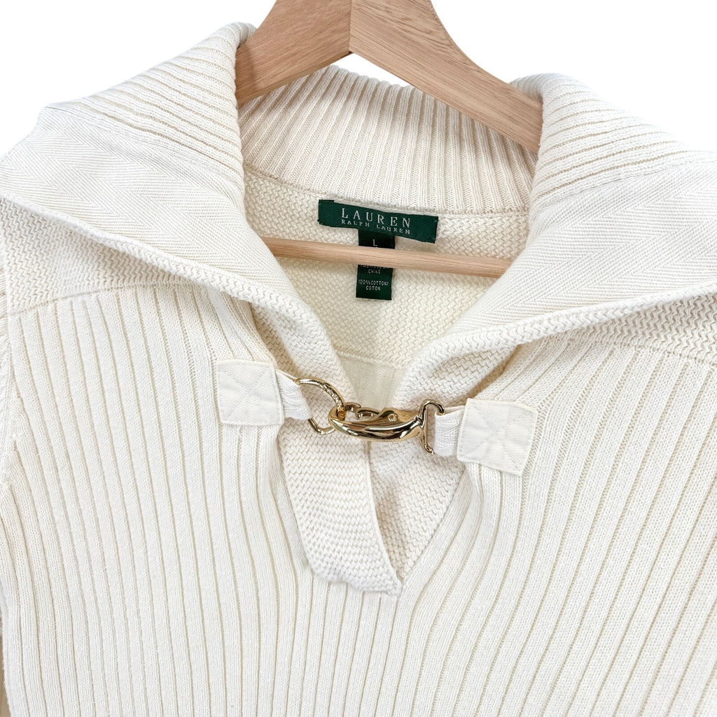 Lauren Ralph Lauren Cream 100% Cotton Ribbed Clasp Sailor Collar Sweater