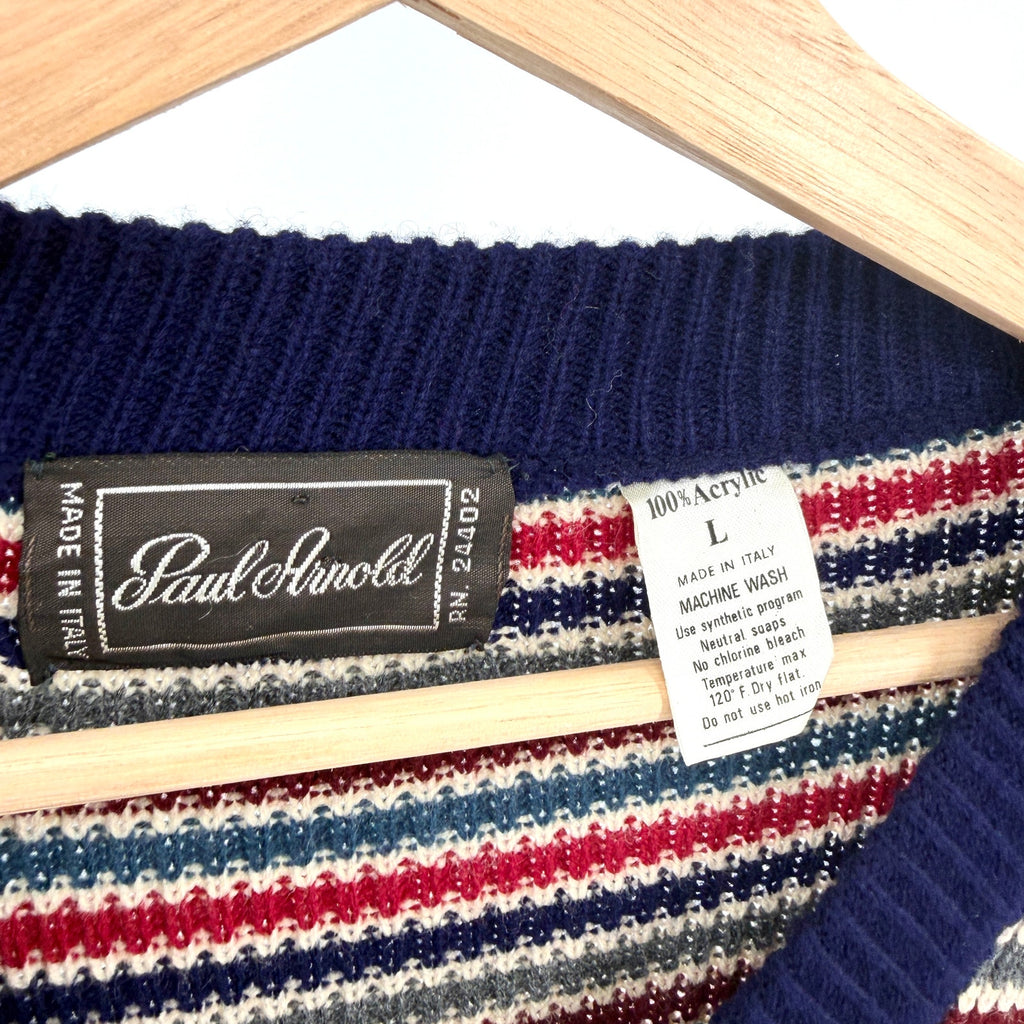 Vintage 70s Paul Arnold Navy Red Striped Knit V-Neck Sweater