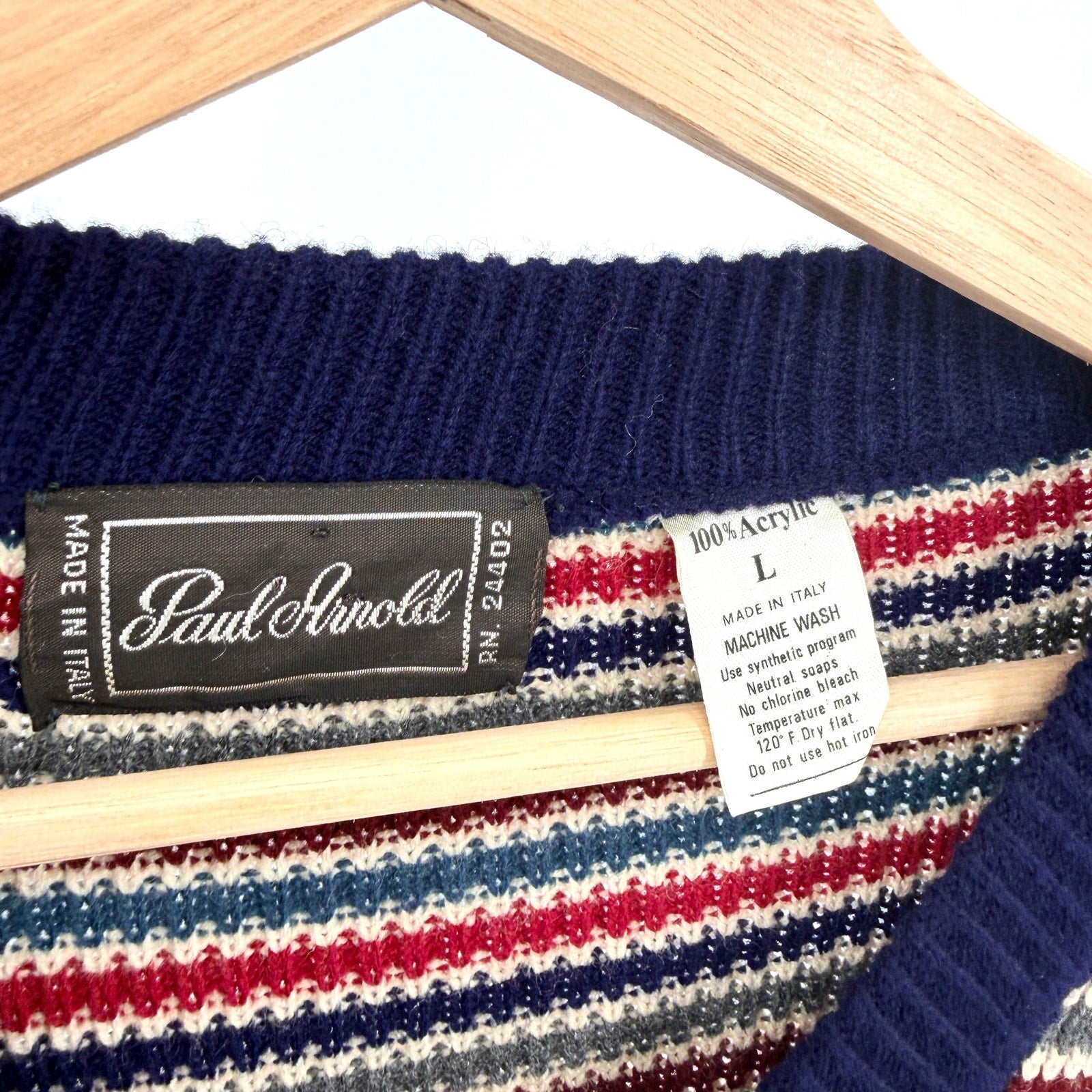 Vintage 70s Paul Arnold Navy Red Striped Knit V-Neck Sweater