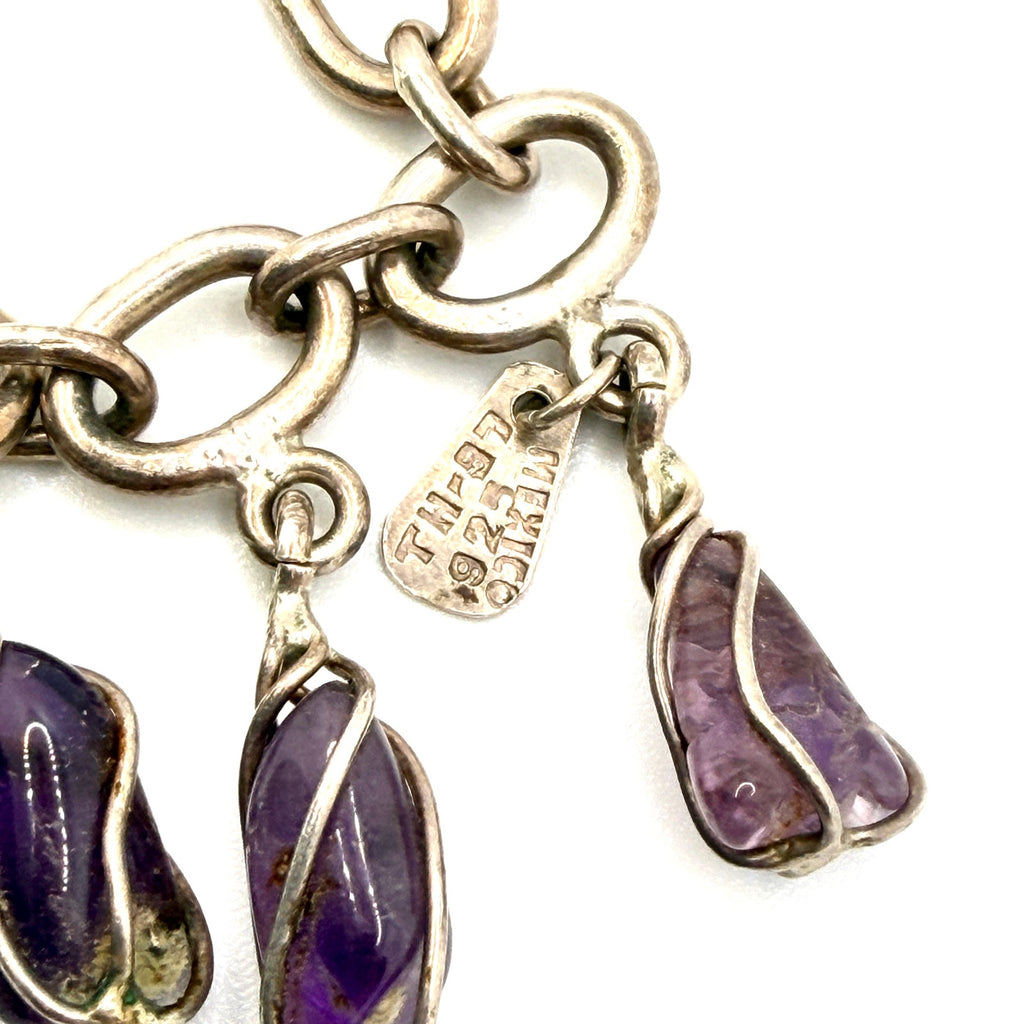 Vintage 90s Mexico Taxco 925 Sterling Silver Amethyst Charm Bracelet