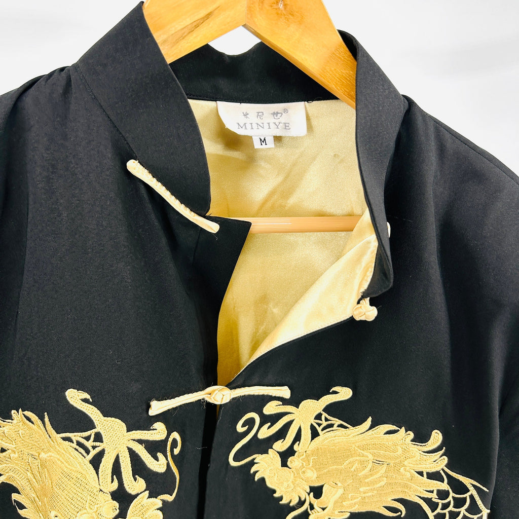 Miniye Black Gold Embroidered Satin Trim Dragon Statement Jacket