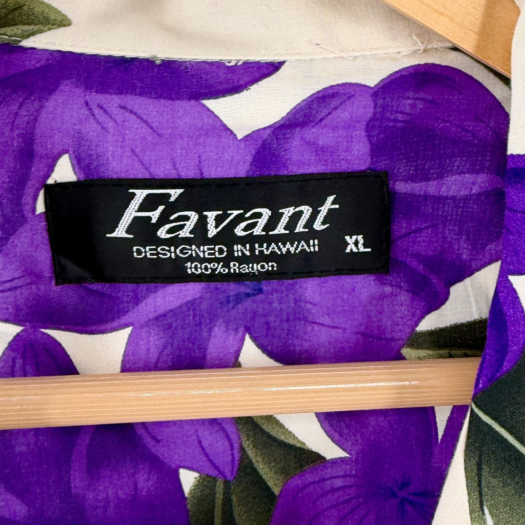Vintage 90s Favant Purple Cream Tropical Floral Hawaiian Camp Shirt
