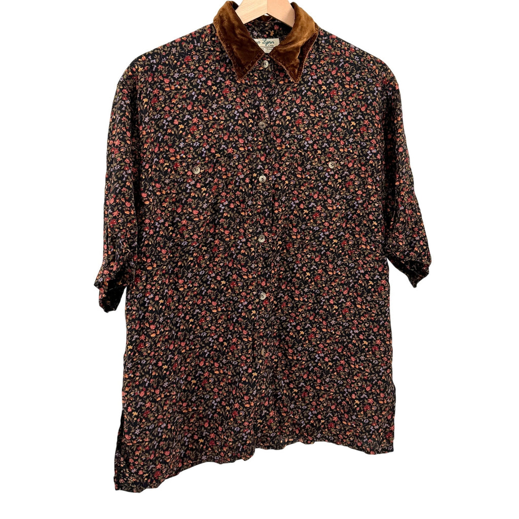 Vintage 80s Liza Lynn Black Floral Grunge Velvet Collar Button Down Blouse