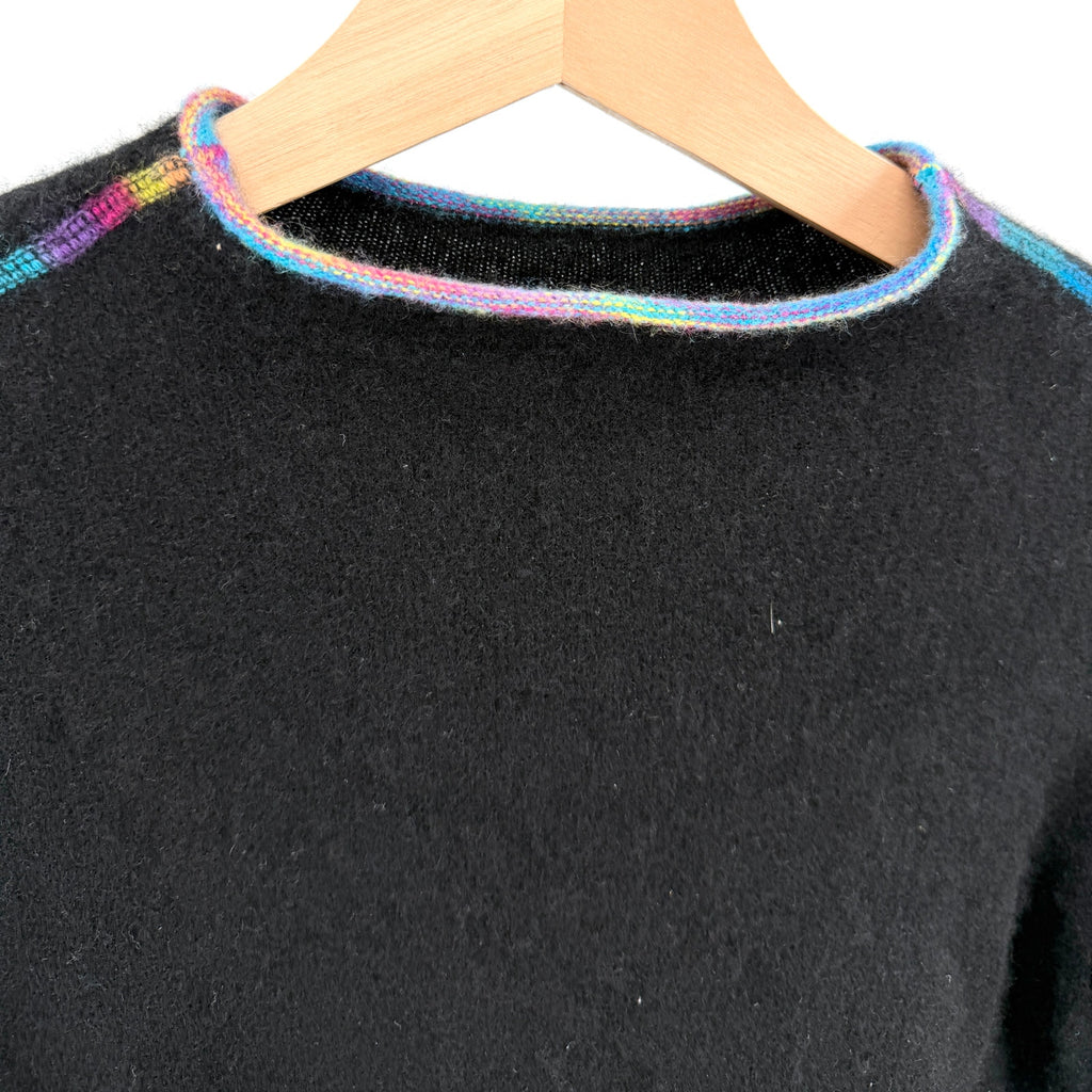 COMOBOCA Black 100% Cashmere Rainbow Trim Crewneck Sweater