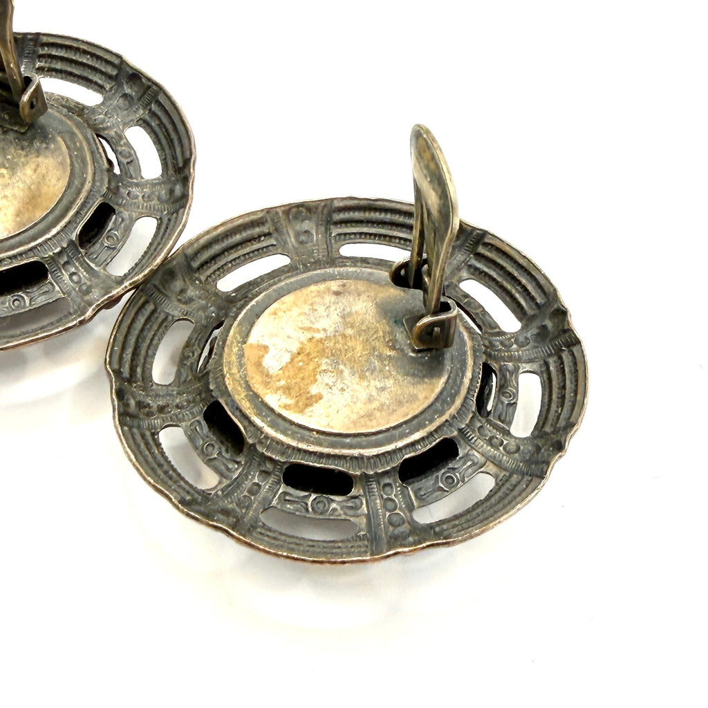 Vintage 80s Bronze Tone Rhinestone Openwork Dome Clip On Earrings