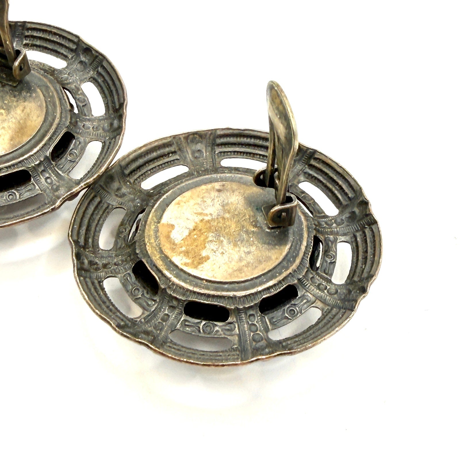 Vintage 80s Bronze Tone Rhinestone Openwork Dome Clip On Earrings