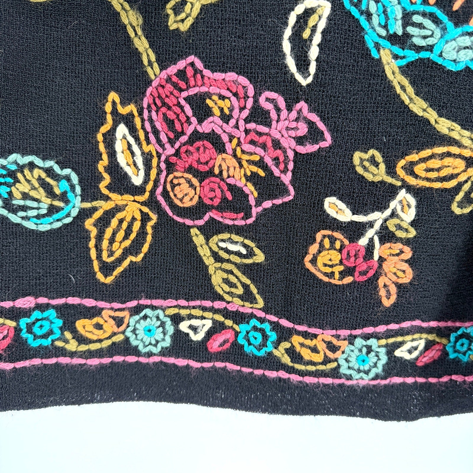 Vintage Y2K Double D Ranch Black Linen Blend Embroidered Floral Knit Maxi Skirt