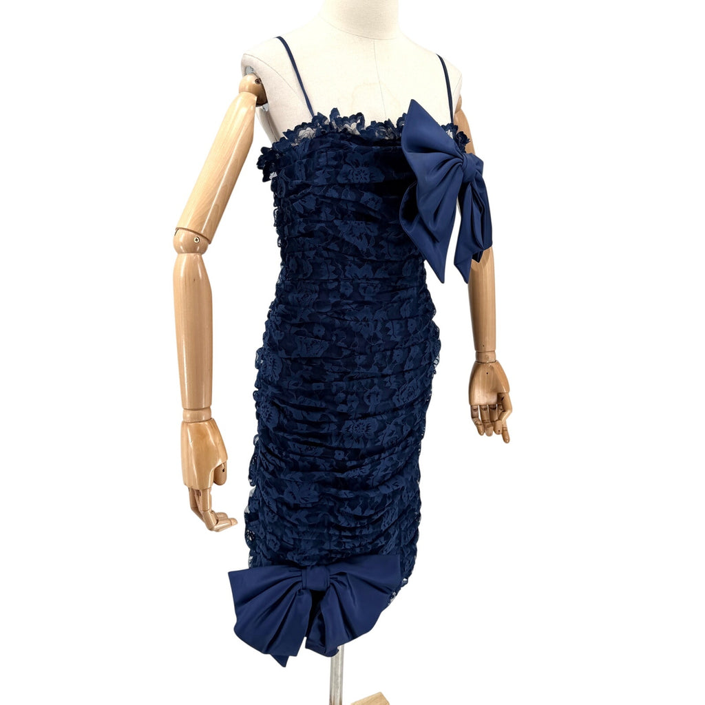 Vintage 80s Lillie Rubin Navy Blue Lace Bow Ruched Bodycon Wiggle Dress