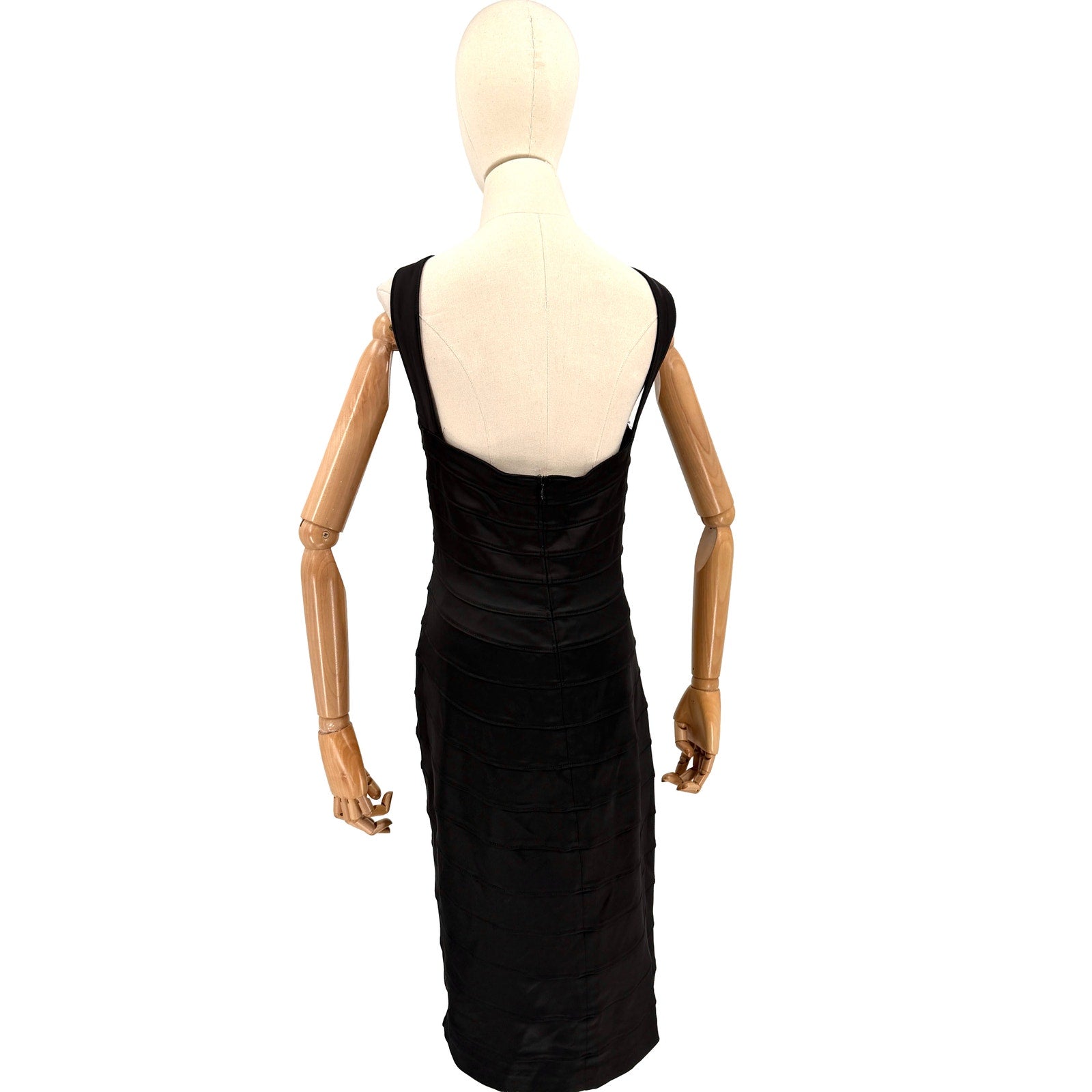Vintage 90s Tadashi Black Satin Halter Neck Bodycon Bandage Midi Dress