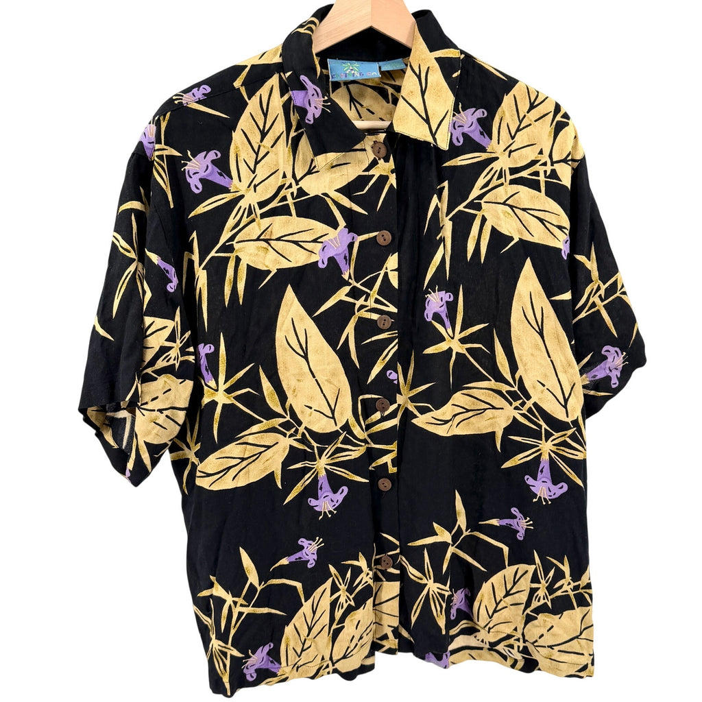 Vintage 90s Key Lime Clothing Co Yellow Black Rayon Tropical Palm Tree Shirt