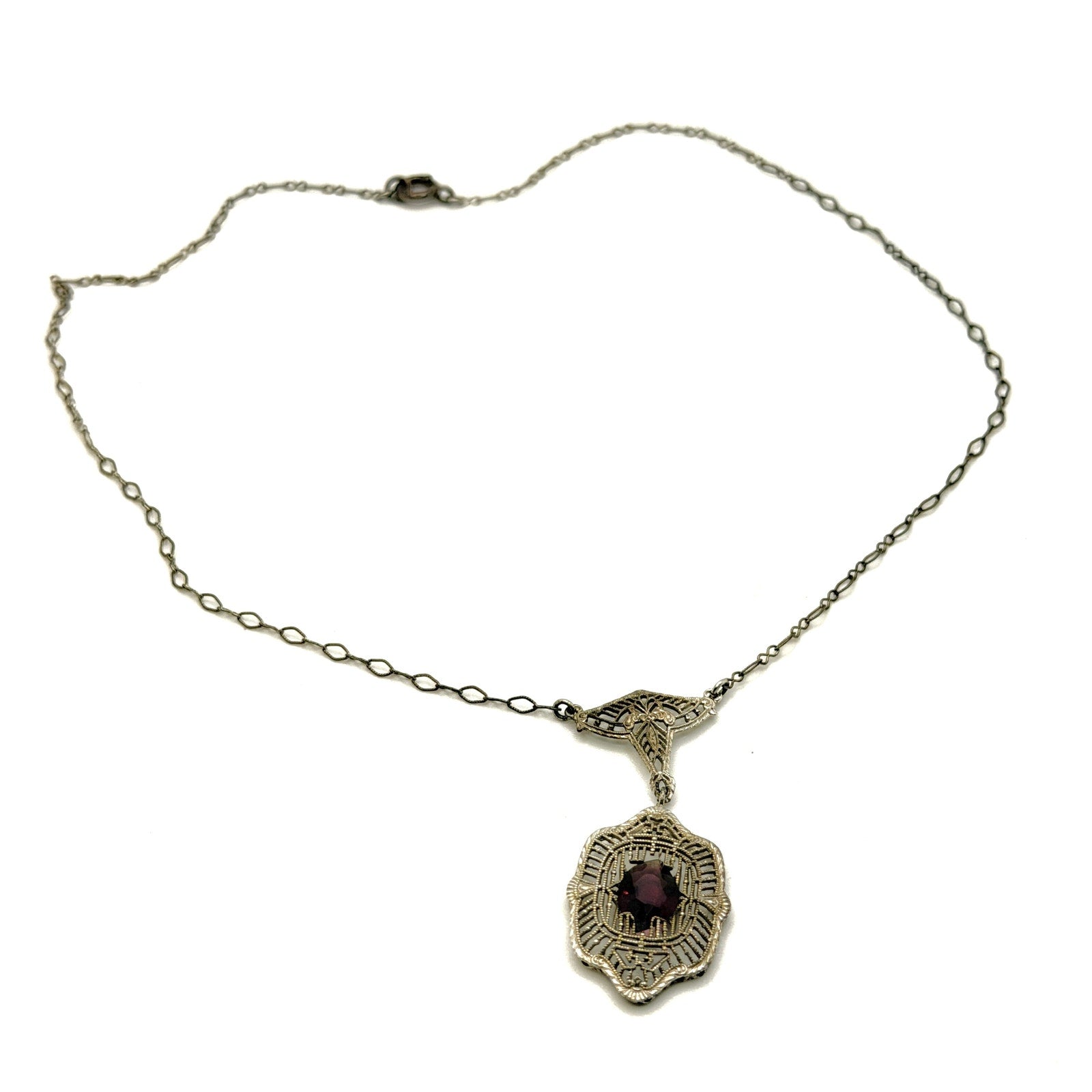 Vintage 20s Art Deco Purple Amethyst Filigree Silver Tone Lavalier Necklace
